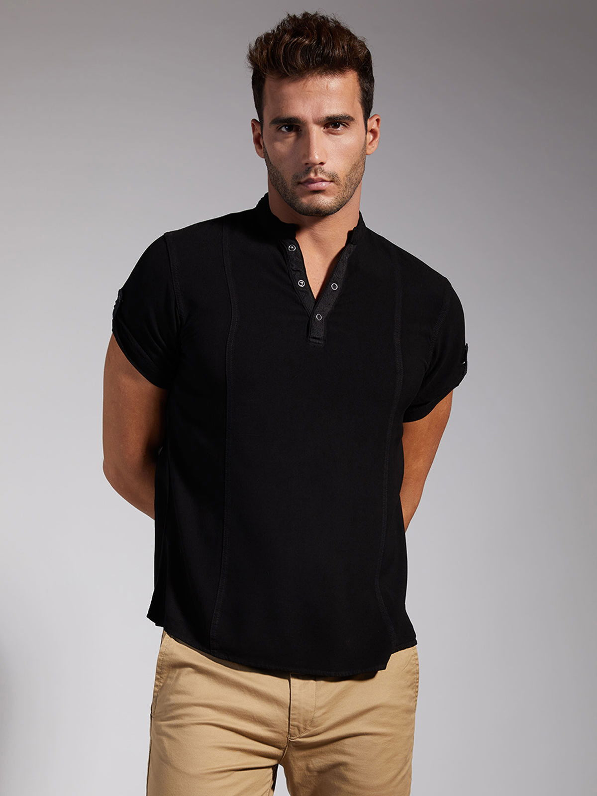 Identiti Men Half Placket Mandarin Collar Shirt/Kurta