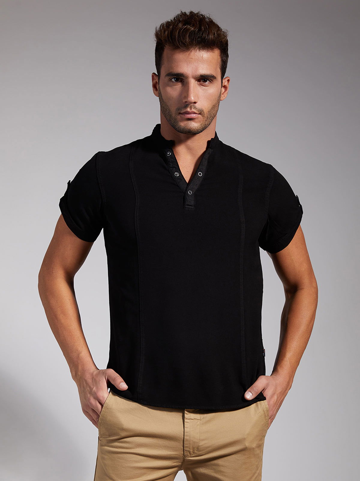Identiti Men Half Placket Mandarin Collar Shirt/Kurta