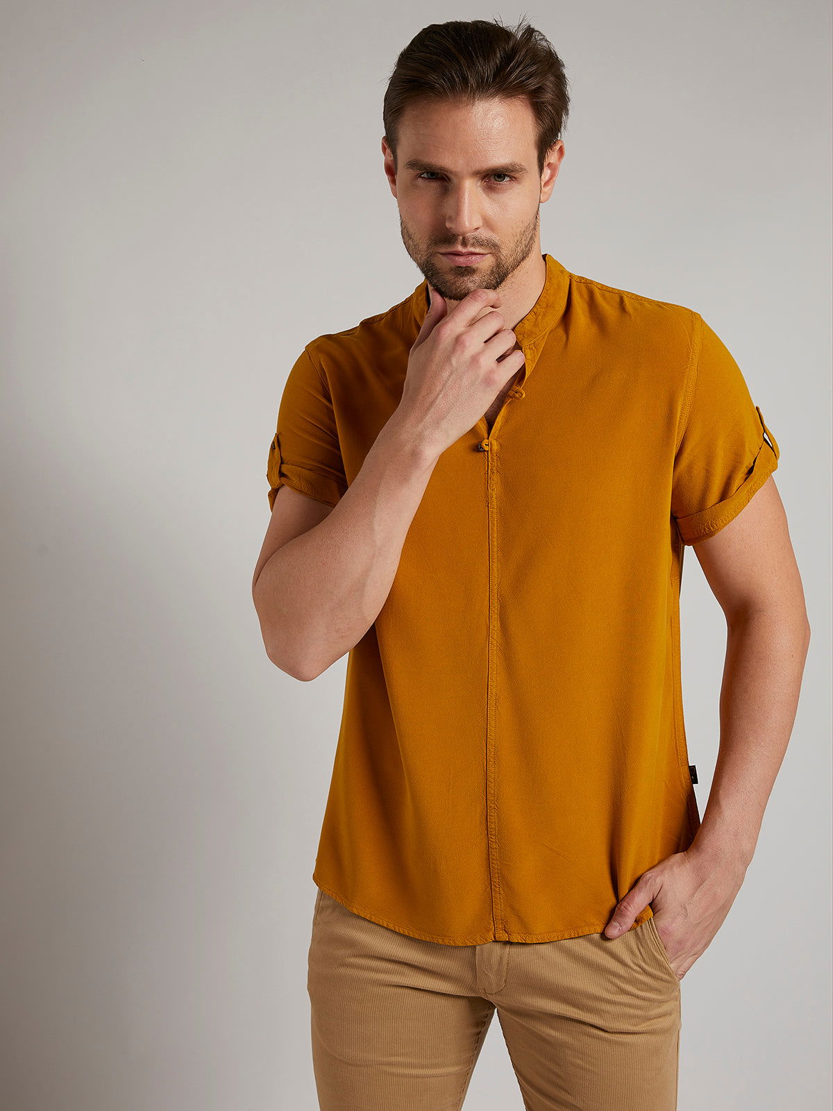 Identiti Men Half Placket Mandarin Collar Shirt/Kurta