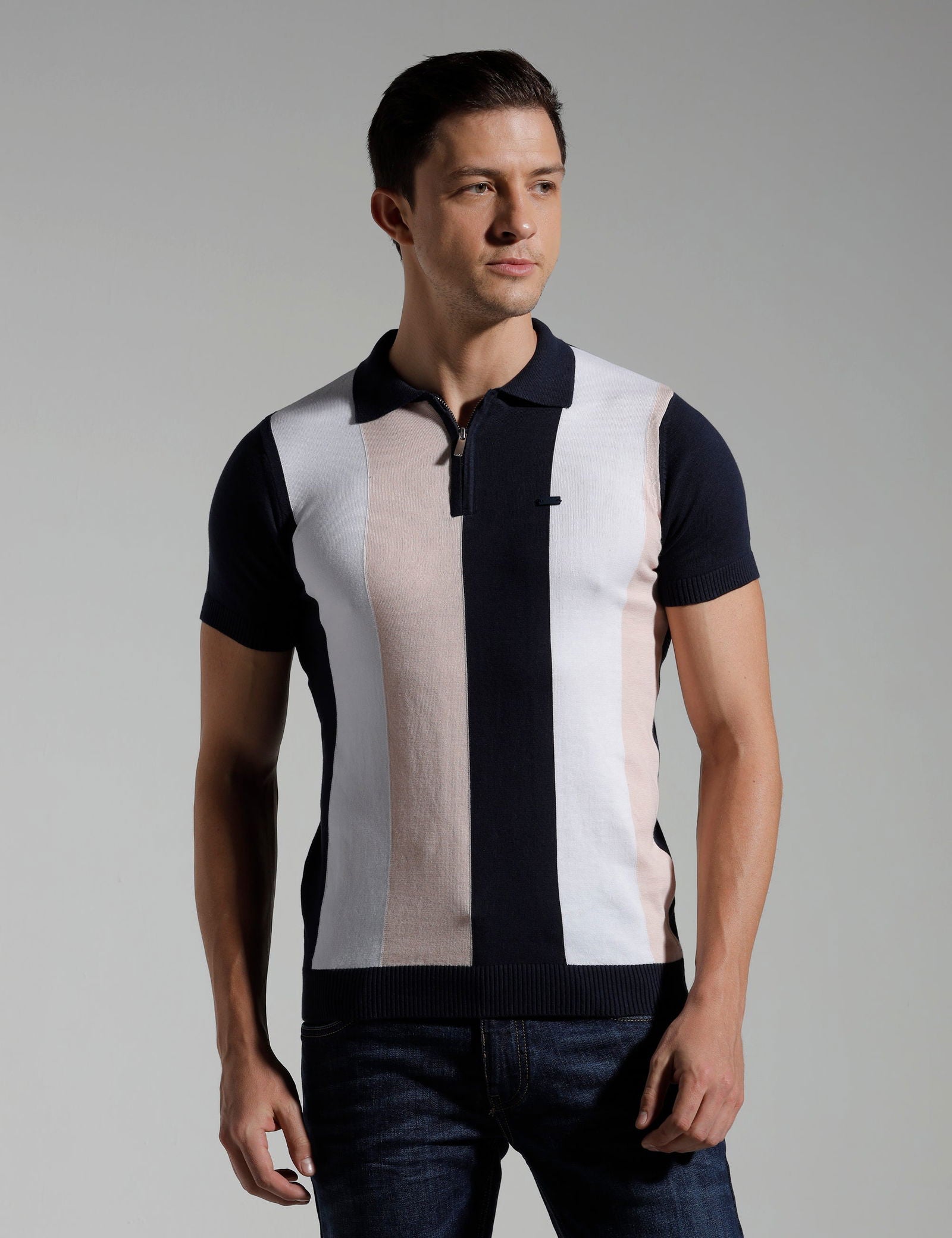 Identiti Multi Stripe Half Sleeve Slim Fit Cotton Casual Polo T-Shirt For Men