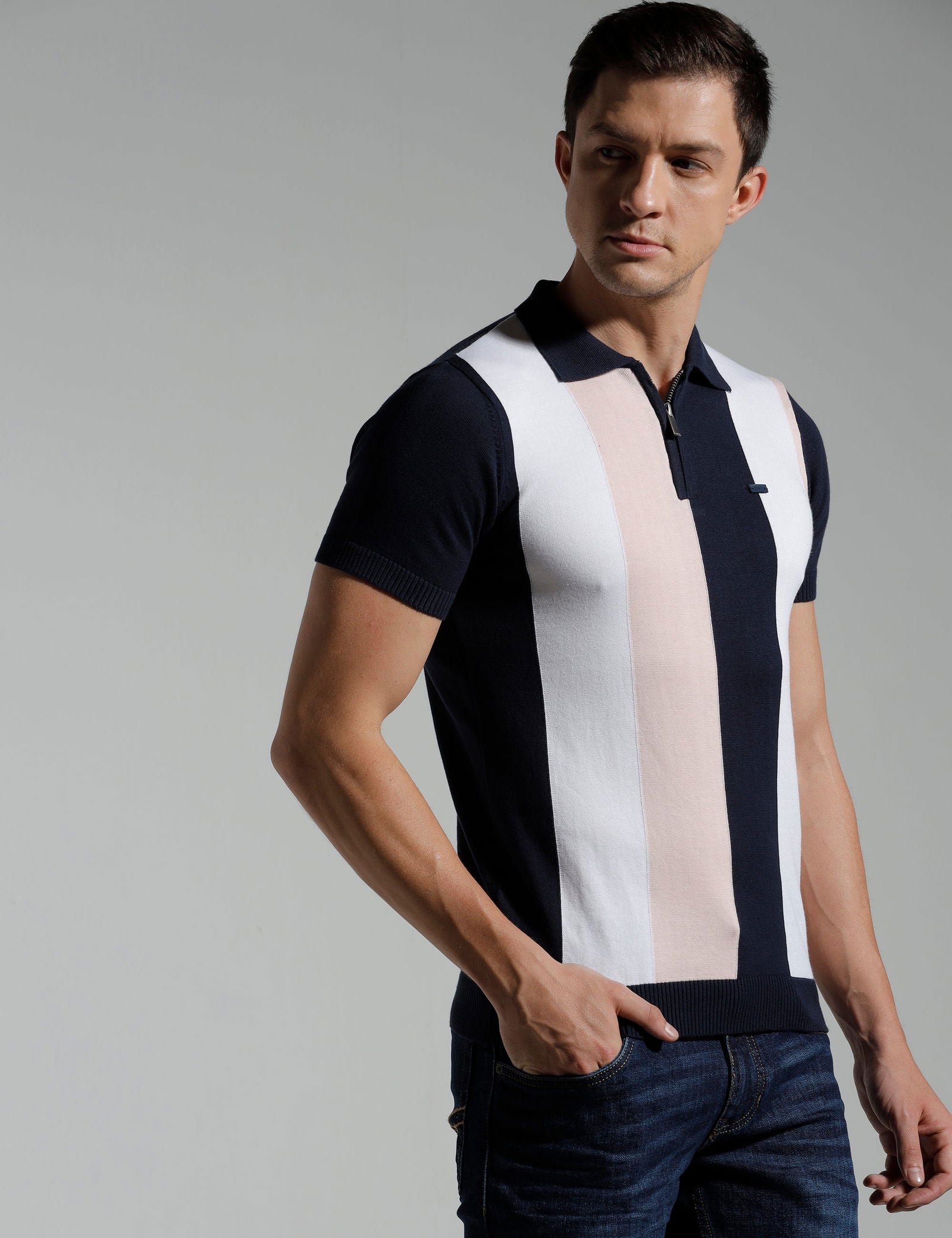 Identiti Multi Stripe Half Sleeve Slim Fit Cotton Casual Polo T-Shirt For Men