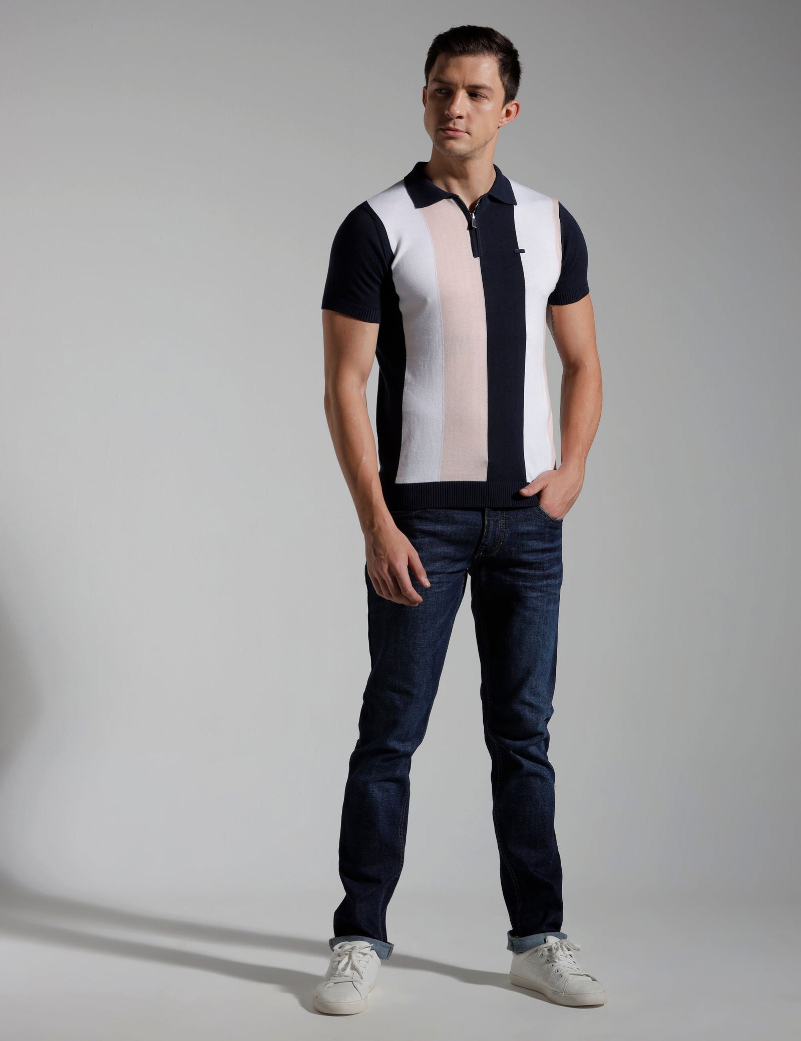 Identiti Multi Stripe Half Sleeve Slim Fit Cotton Casual Polo T-Shirt For Men