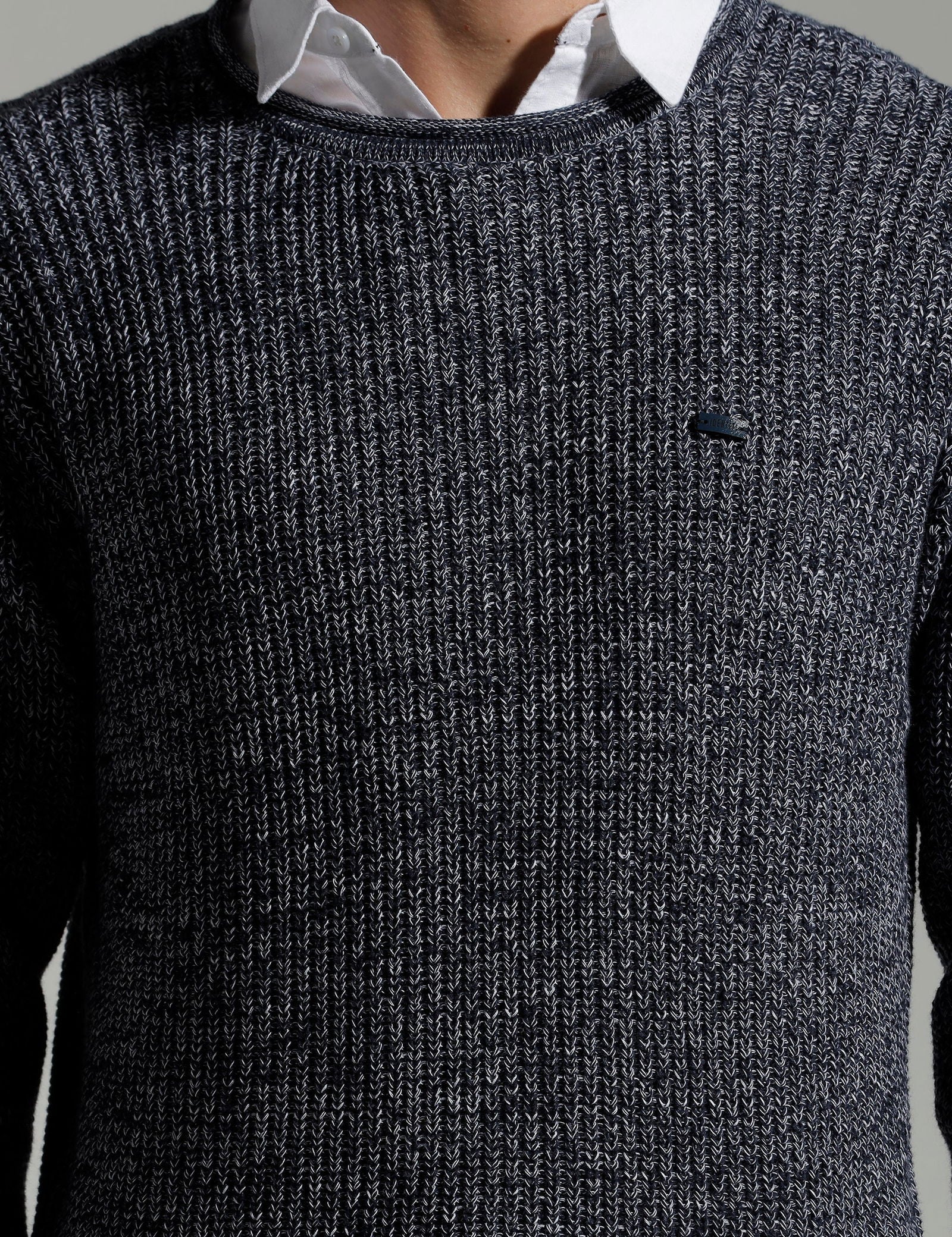 Identiti Navy Full Sleeve Solid Slim Fit Cotton Casual Pull Over With Woven Collar