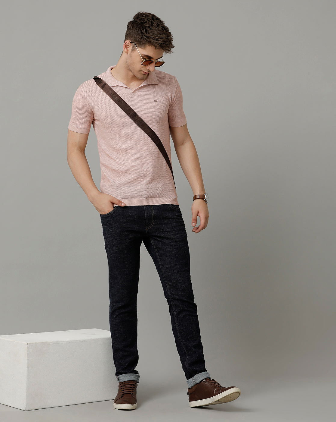 Identiti Pink Half Sleeve Solid Slim Fit Cotton Casual Polo T-Shirt For Men.