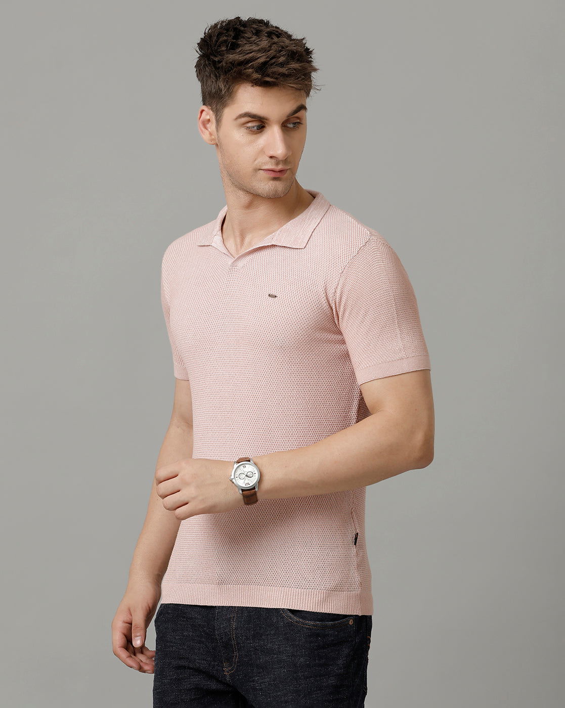 Identiti Pink Half Sleeve Solid Slim Fit Cotton Casual Polo T-Shirt For Men.