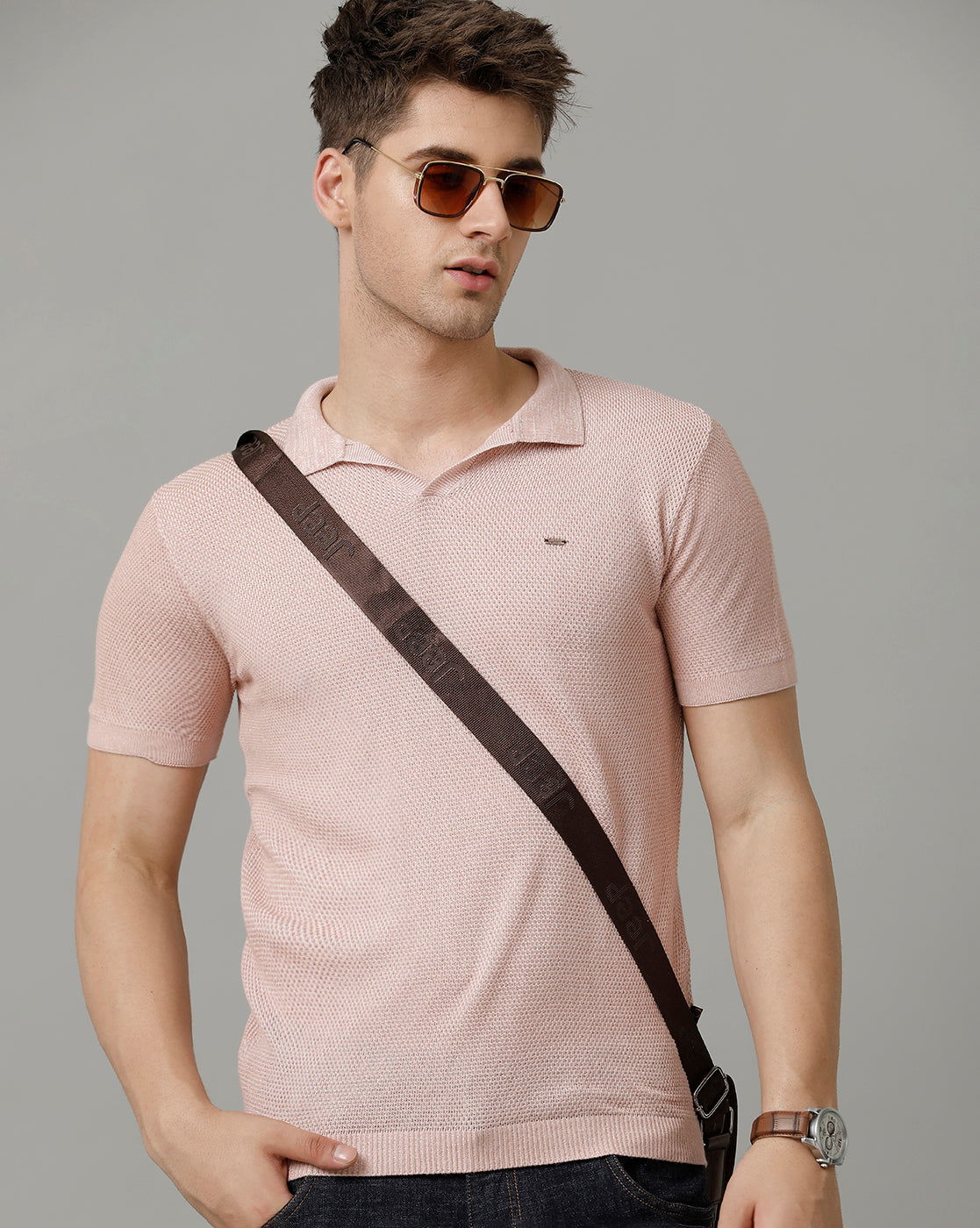 Identiti Pink Half Sleeve Solid Slim Fit Cotton Casual Polo T-Shirt For Men.