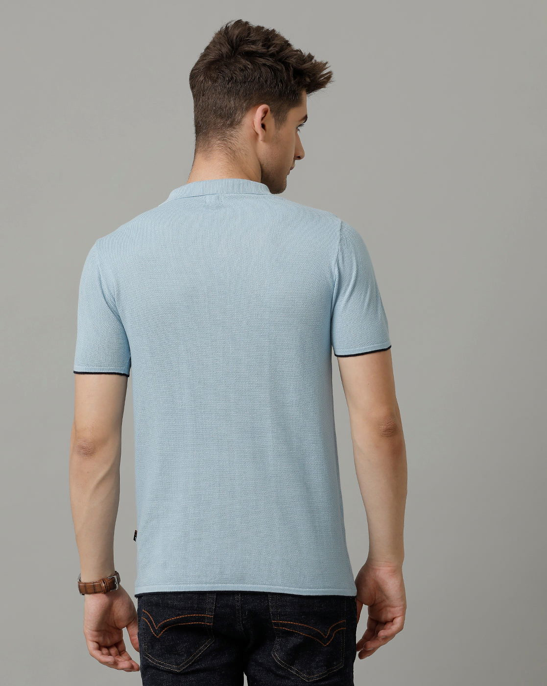 Identiti Powder Blue Half Sleeve Solid Slim Fit Cotton Casual Polo T-Shirt For Men.
