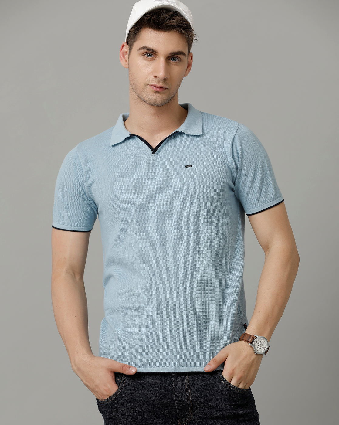 Identiti Powder Blue Half Sleeve Solid Slim Fit Cotton Casual Polo T-Shirt For Men.