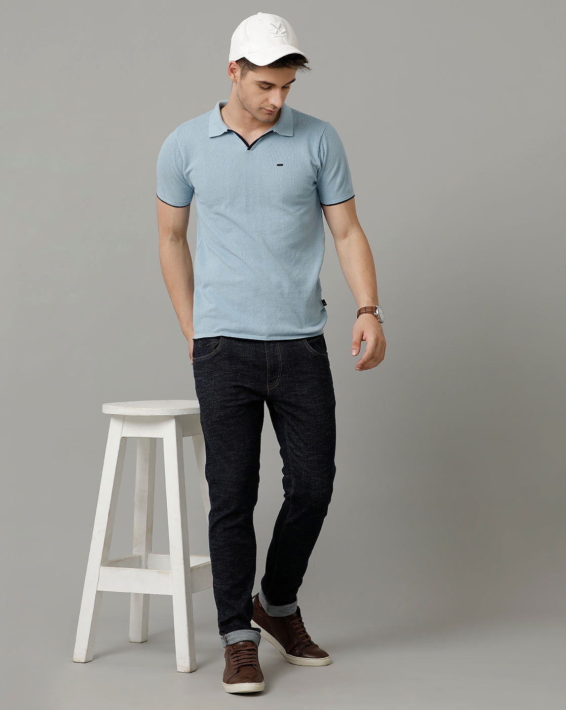Identiti Powder Blue Half Sleeve Solid Slim Fit Cotton Casual Polo T-Shirt For Men.