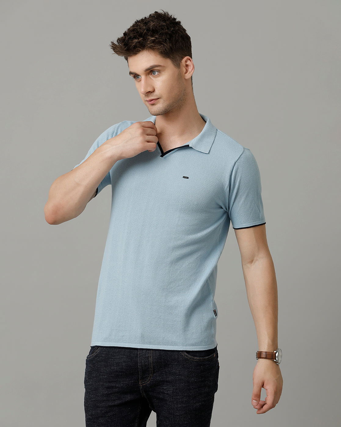 Identiti Powder Blue Half Sleeve Solid Slim Fit Cotton Casual Polo T-Shirt For Men.