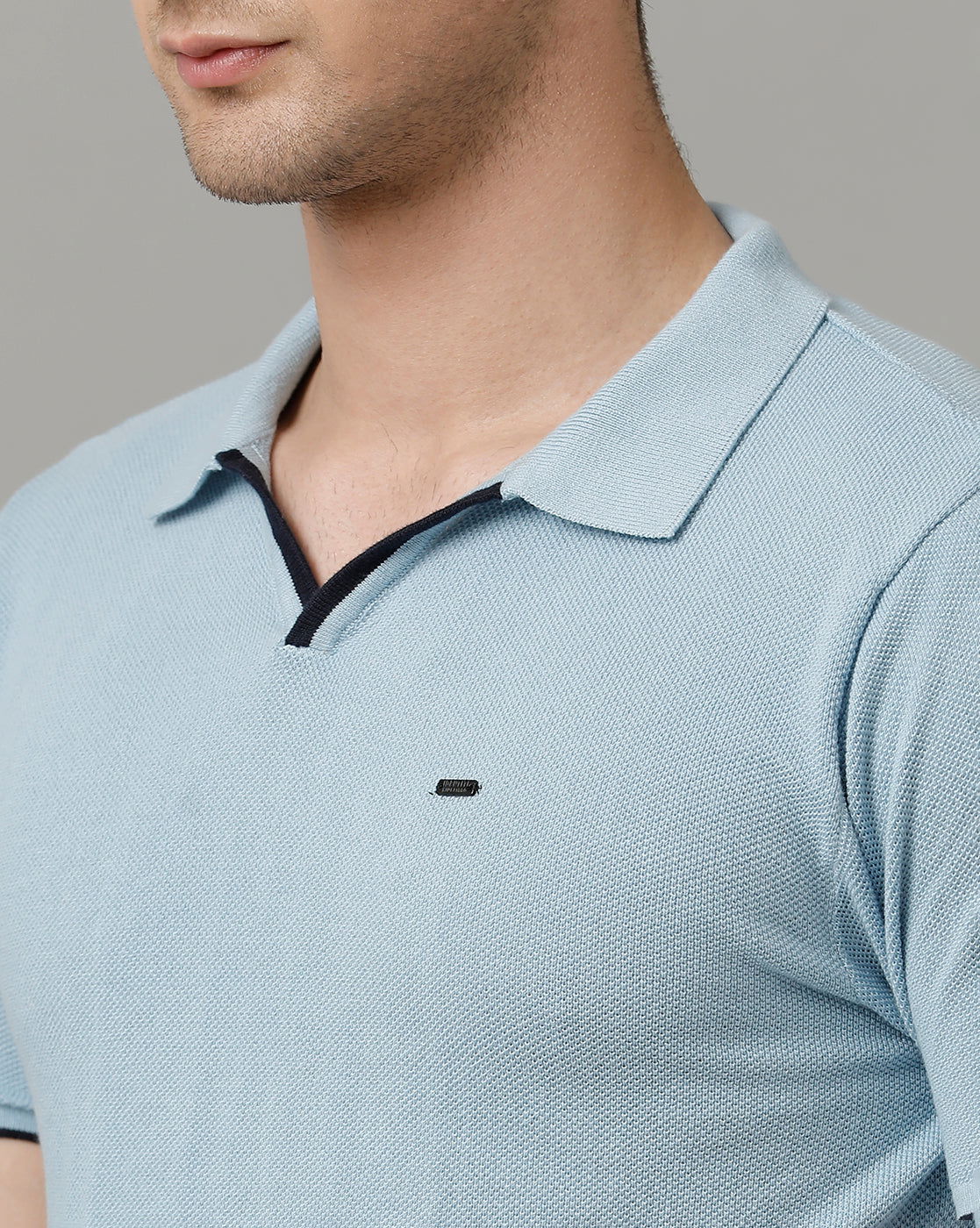 Identiti Powder Blue Half Sleeve Solid Slim Fit Cotton Casual Polo T-Shirt For Men.