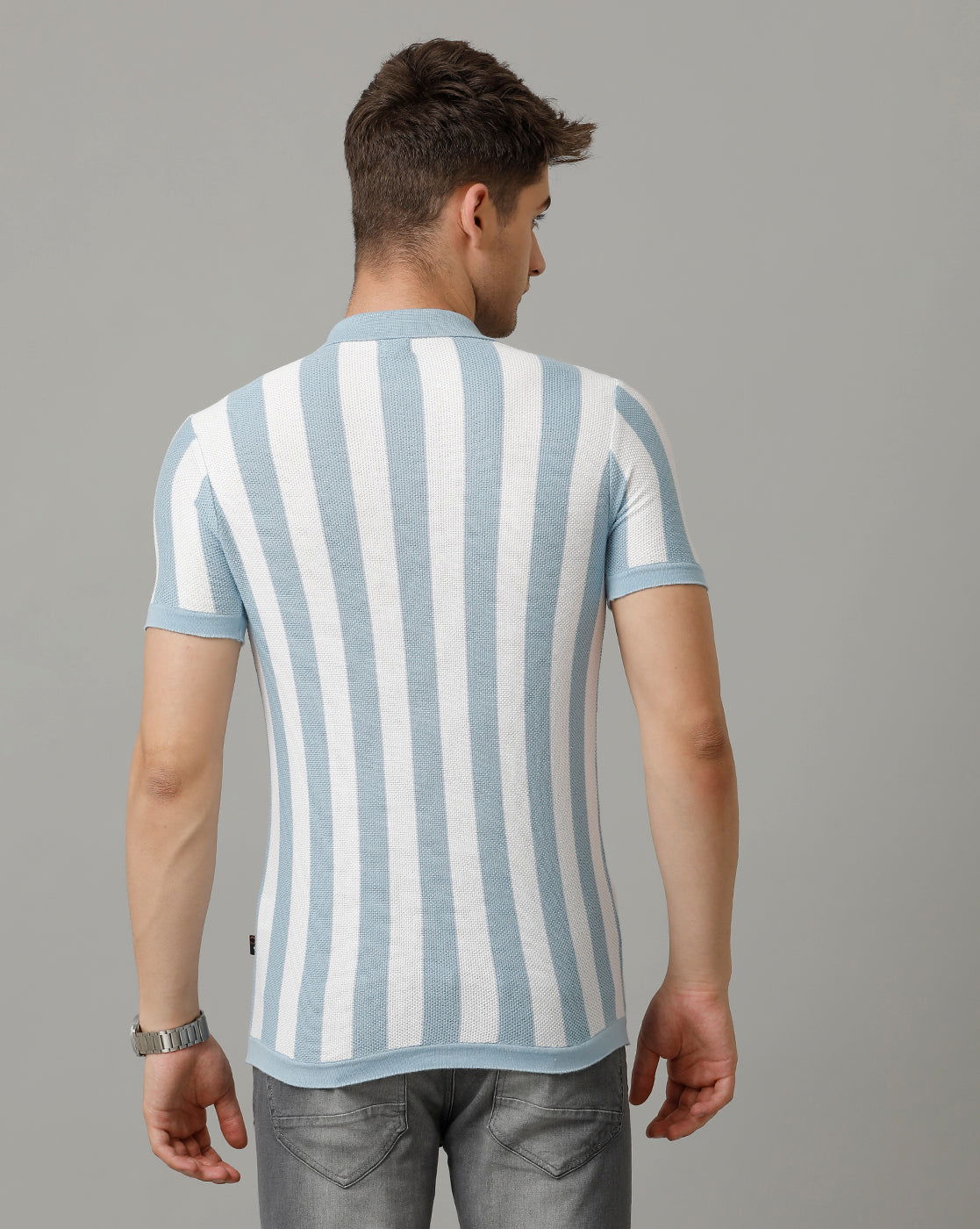 Identiti Powder blue Half Sleeve Striped Slim Fit Cotton Casual Polo T-Shirt For Men.