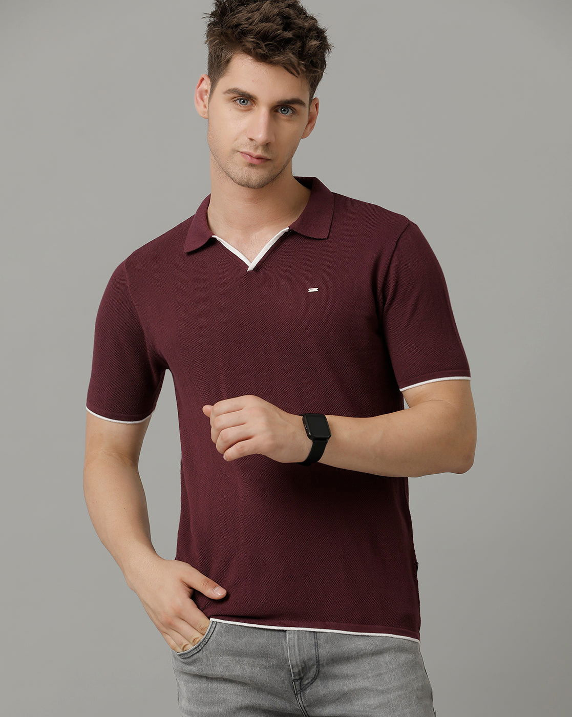 Identiti Purple Half Sleeve Solid Slim Fit Cotton Casual Polo T-Shirt For Men.