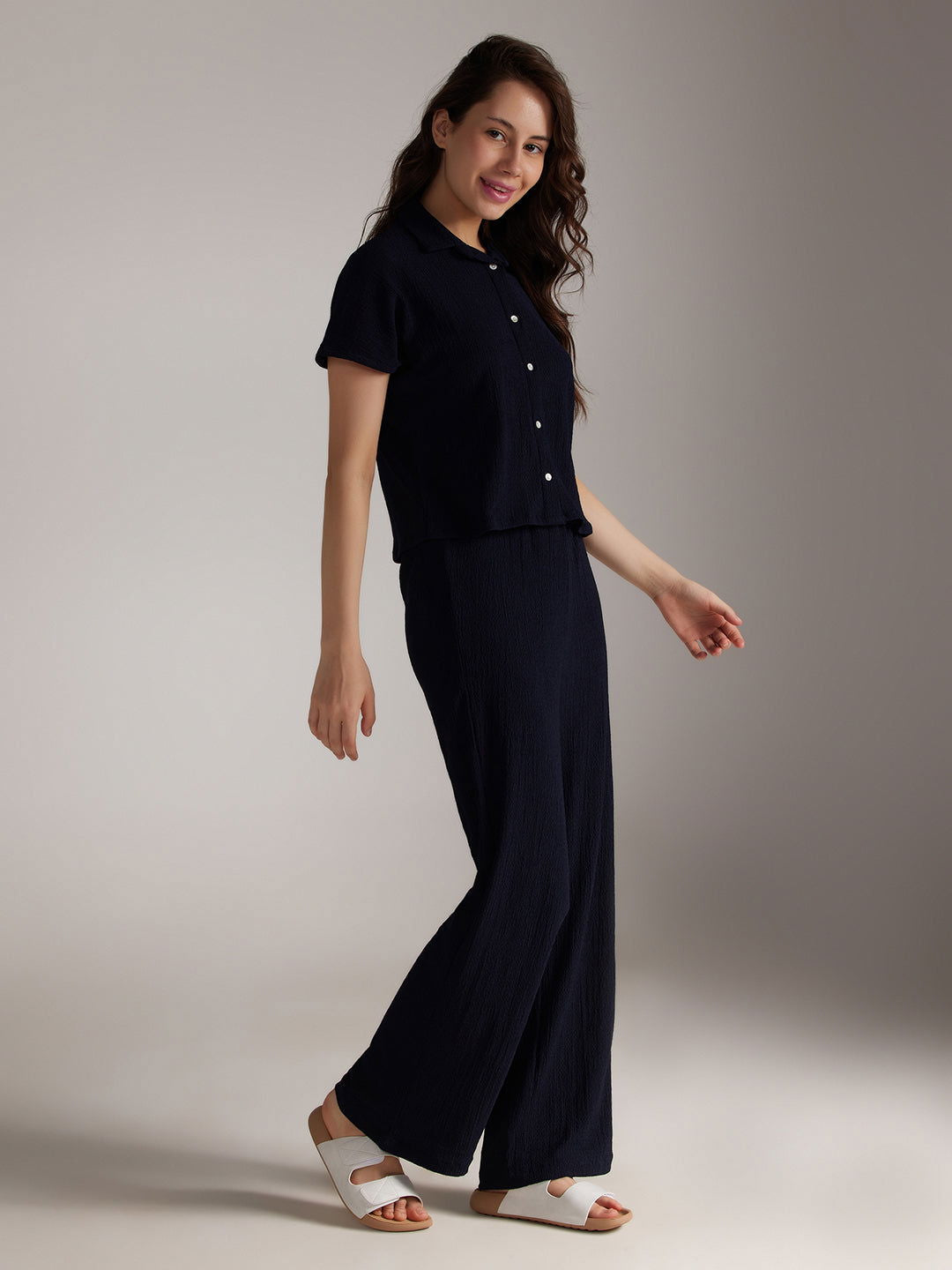 Identiti Women Solid Co-ord Set - Navy.