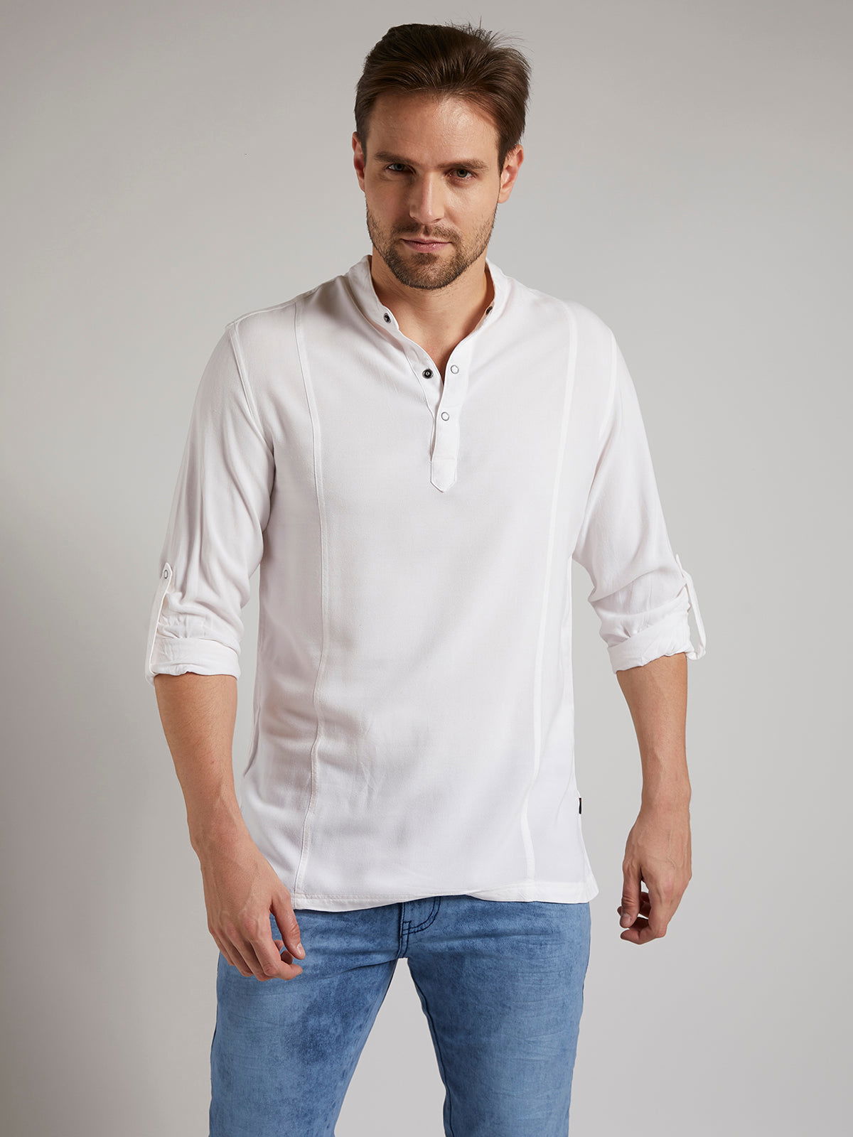Men Half Placket Mandarin Collar Viscose Shirt / Kurta