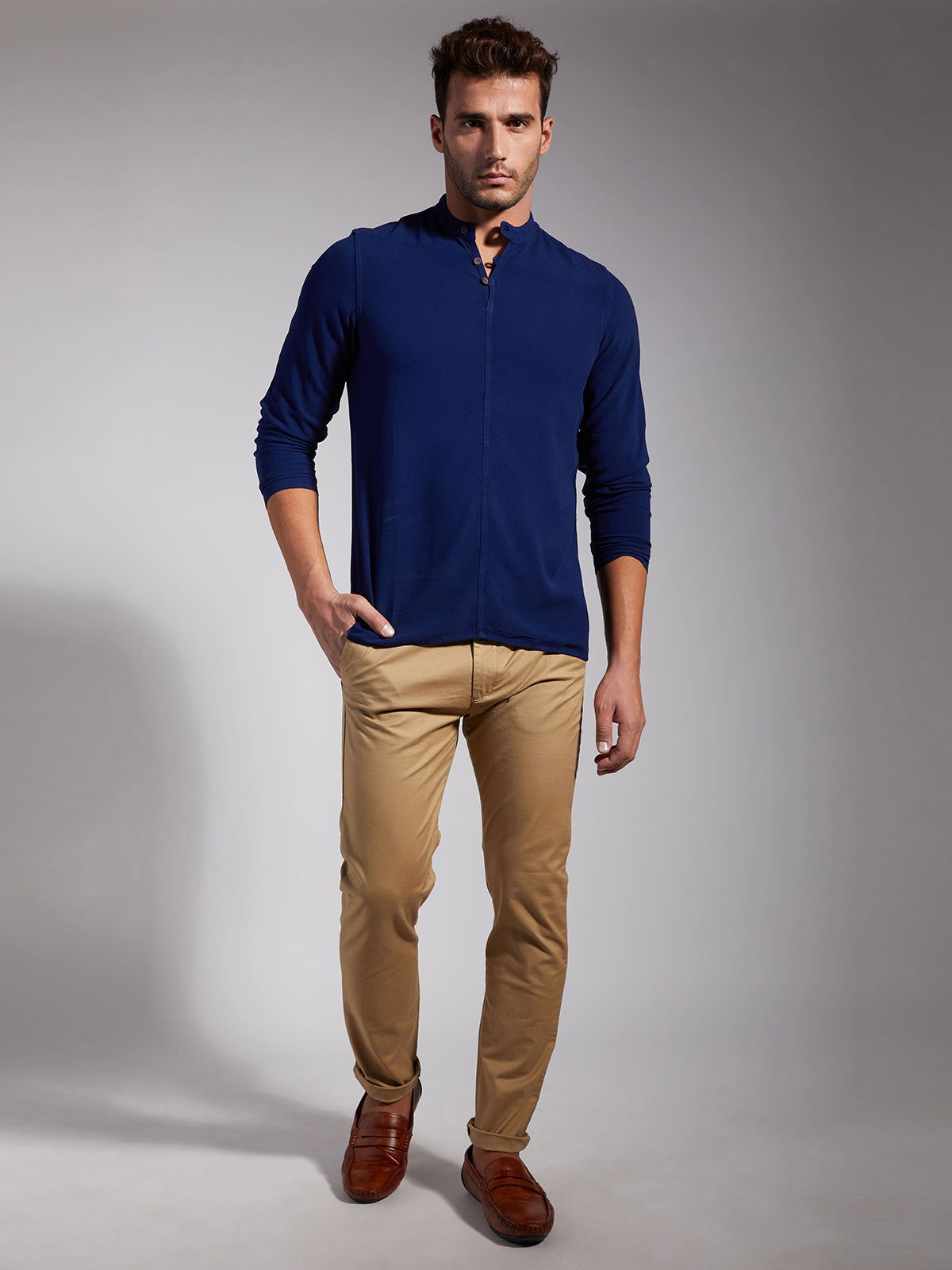Men Half Placket Mandarin Collar Viscose Shirt / Kurta