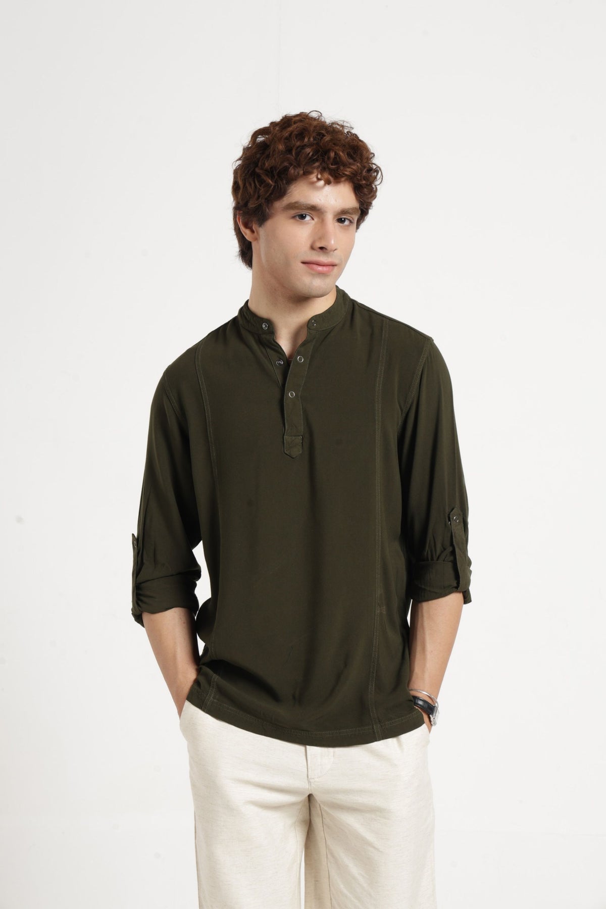 Mandarin Collar Half placket Solid Shirt/Kurta in Olive green