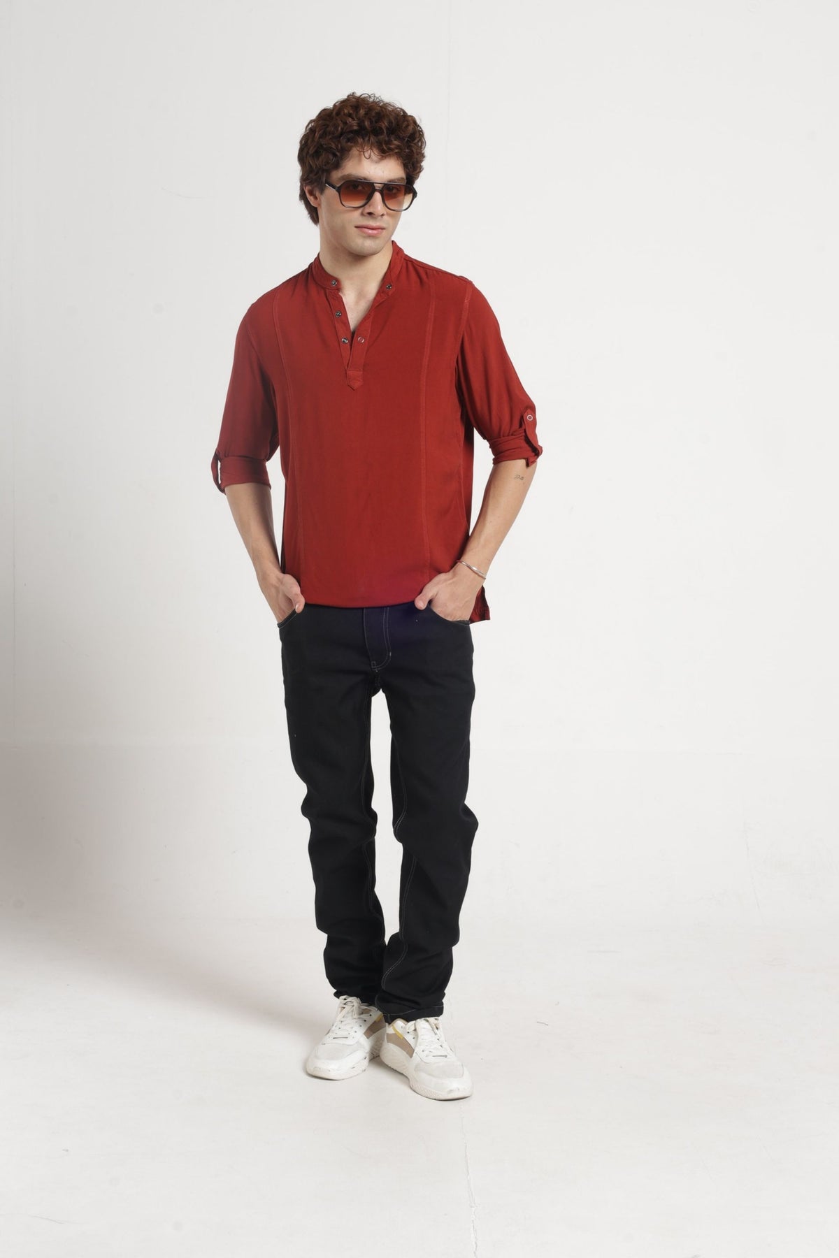 Mandarin Collar Half placket Solid Shirt/Kurta in Brown