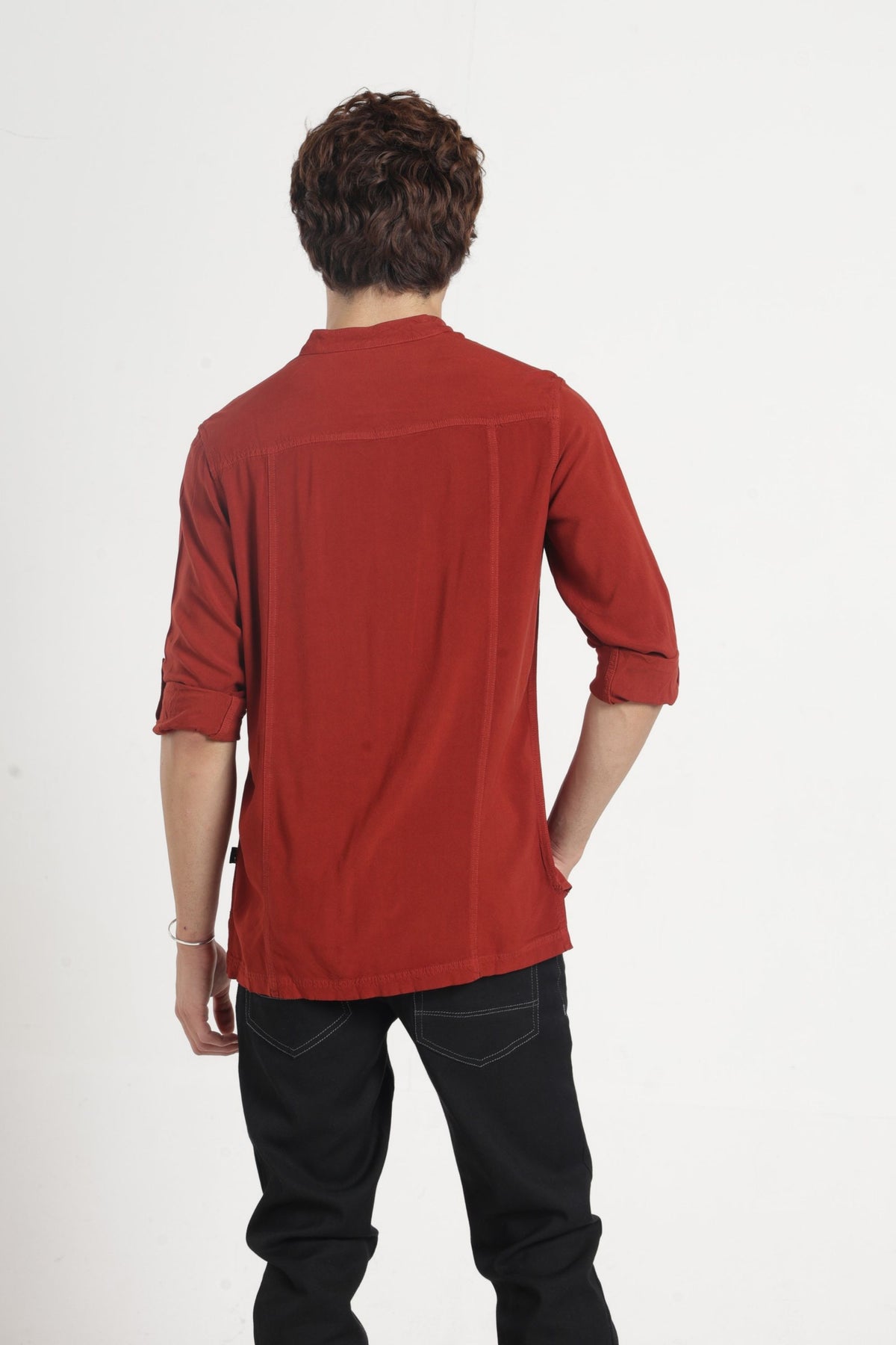Mandarin Collar Half placket Solid Shirt/Kurta in Brown