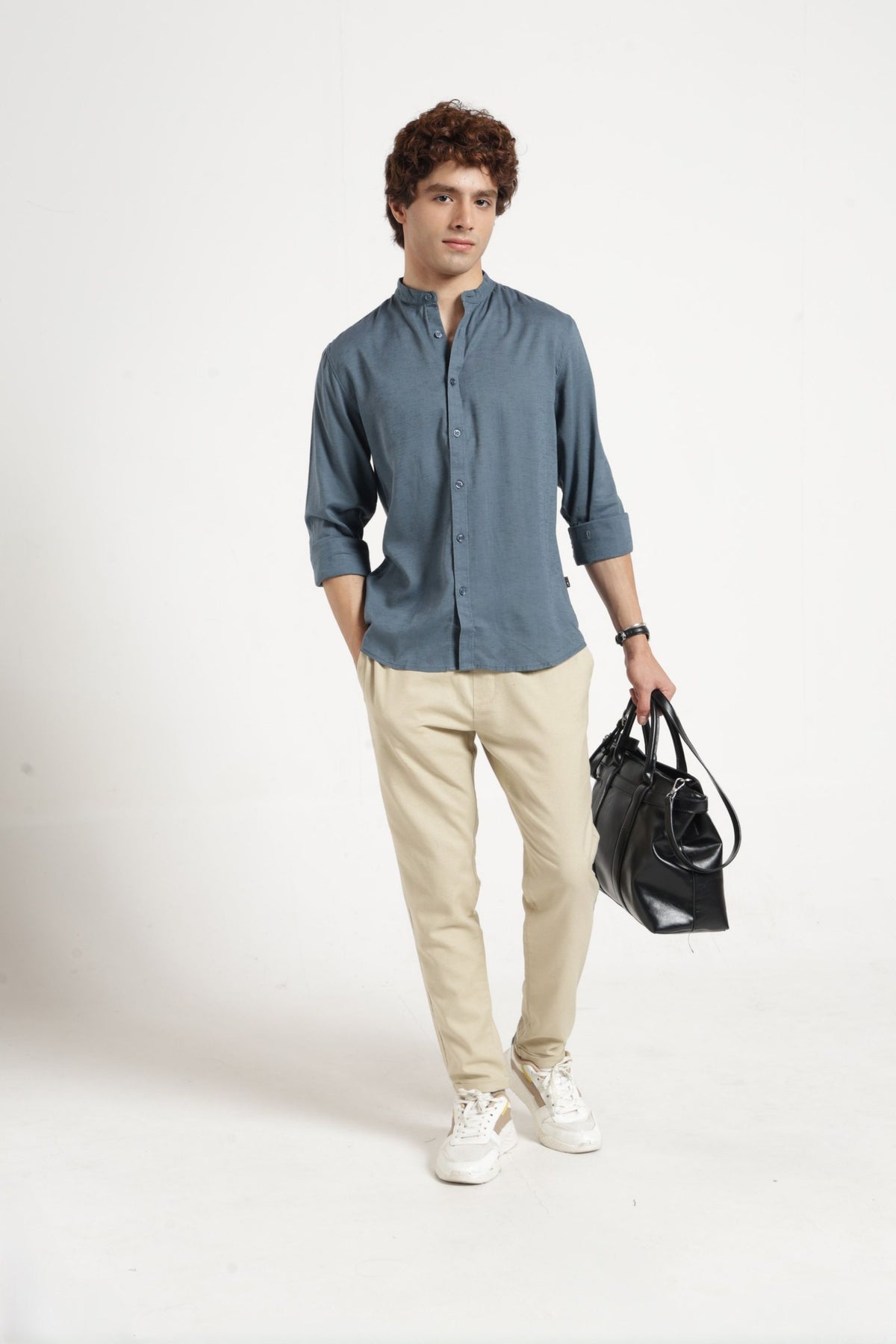 Mandarin Collar Self Dobby Shirt In Grey