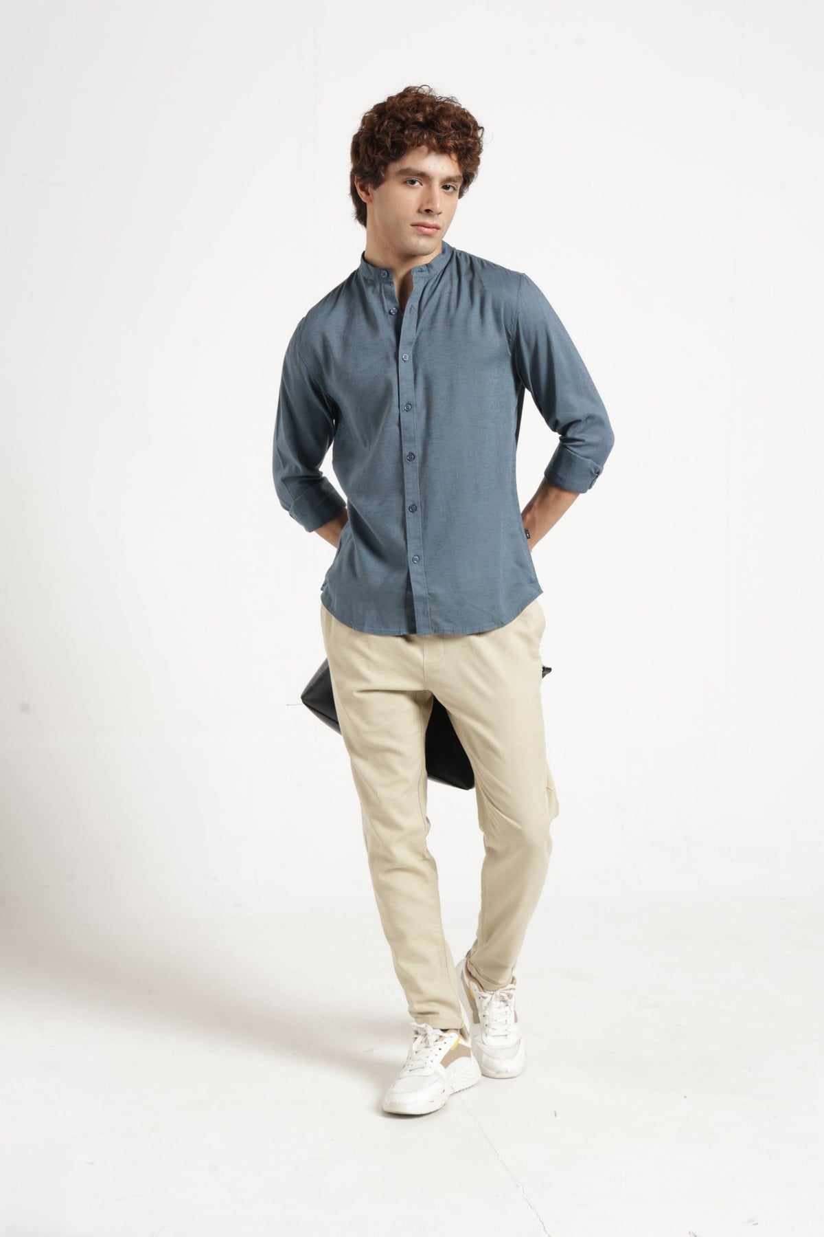 Mandarin Collar Self Dobby Shirt In Grey