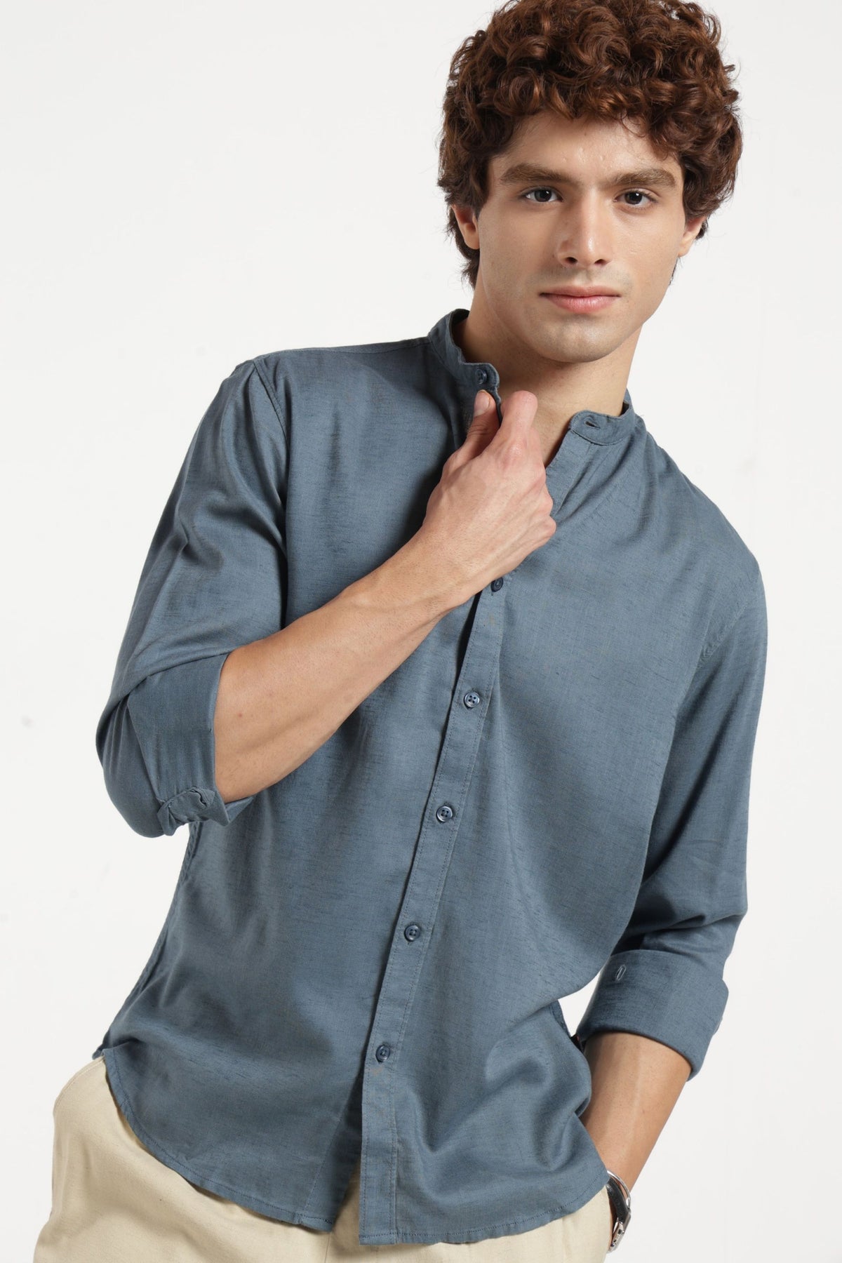 Mandarin Collar Self Dobby Shirt In Grey