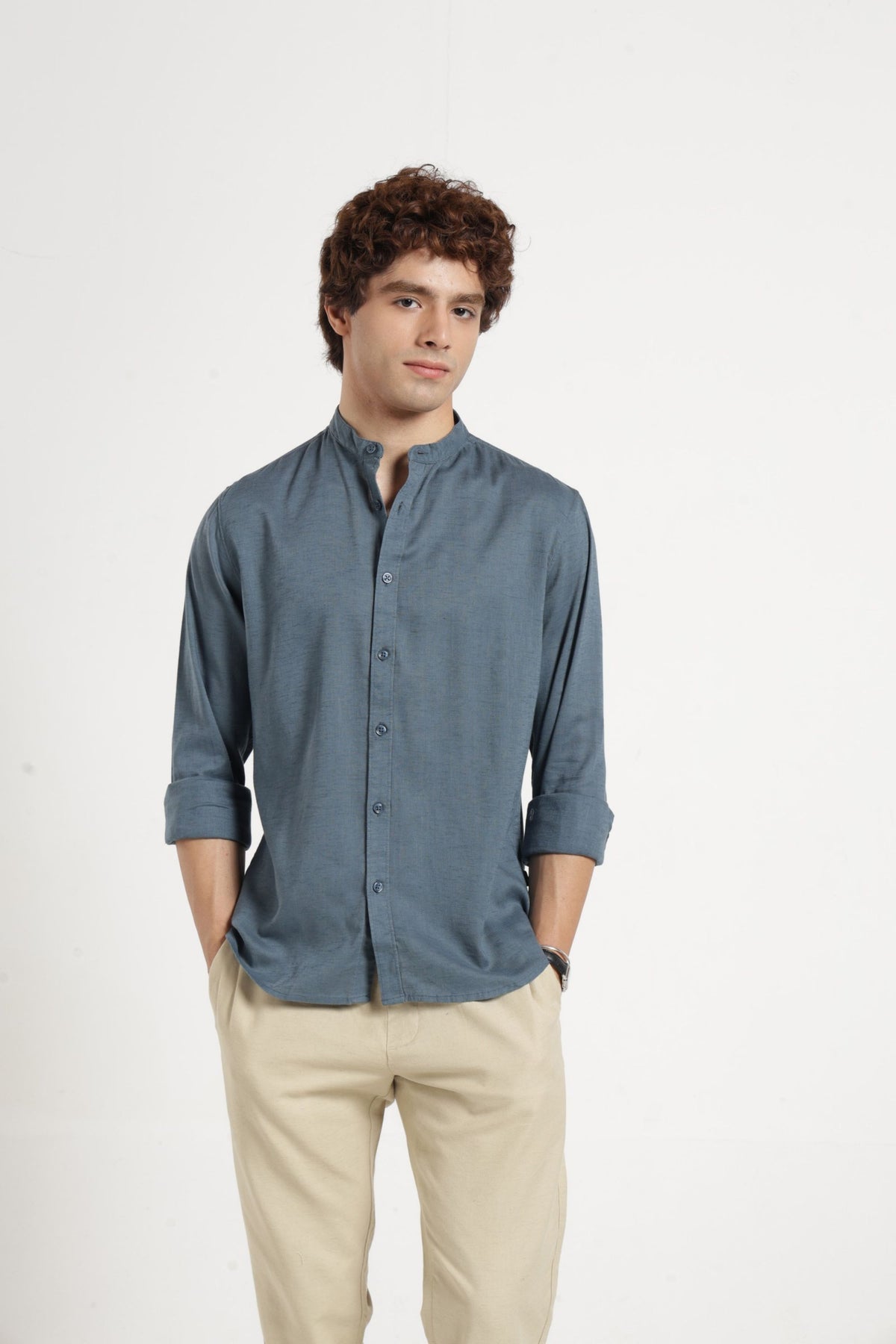 Mandarin Collar Self Dobby Shirt In Grey