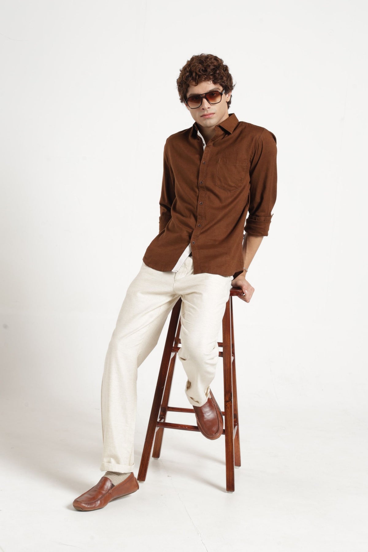 Spread Collar Self Dobby Shirt In Brown