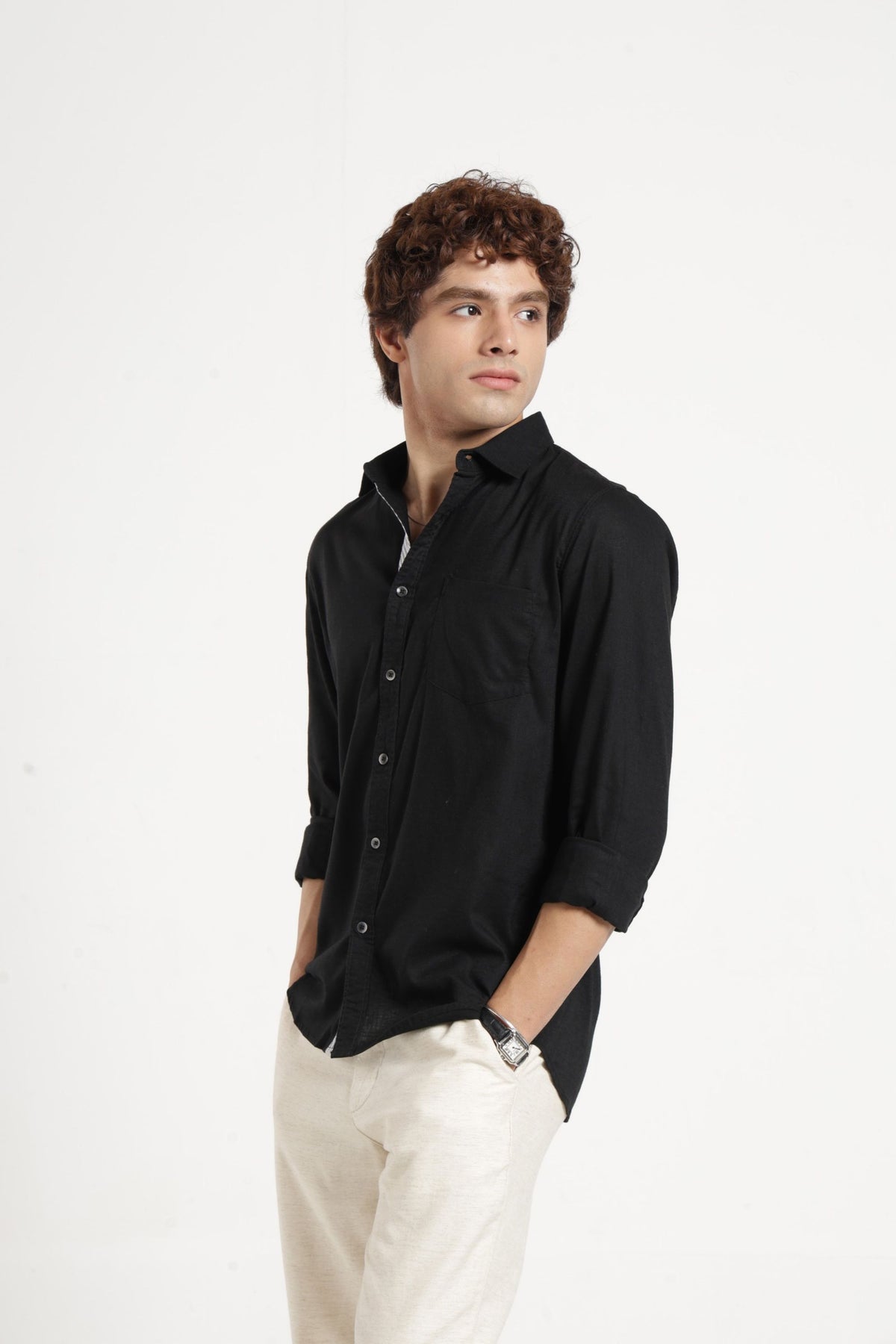 Spread Collar Self Dobby Shirt In Black