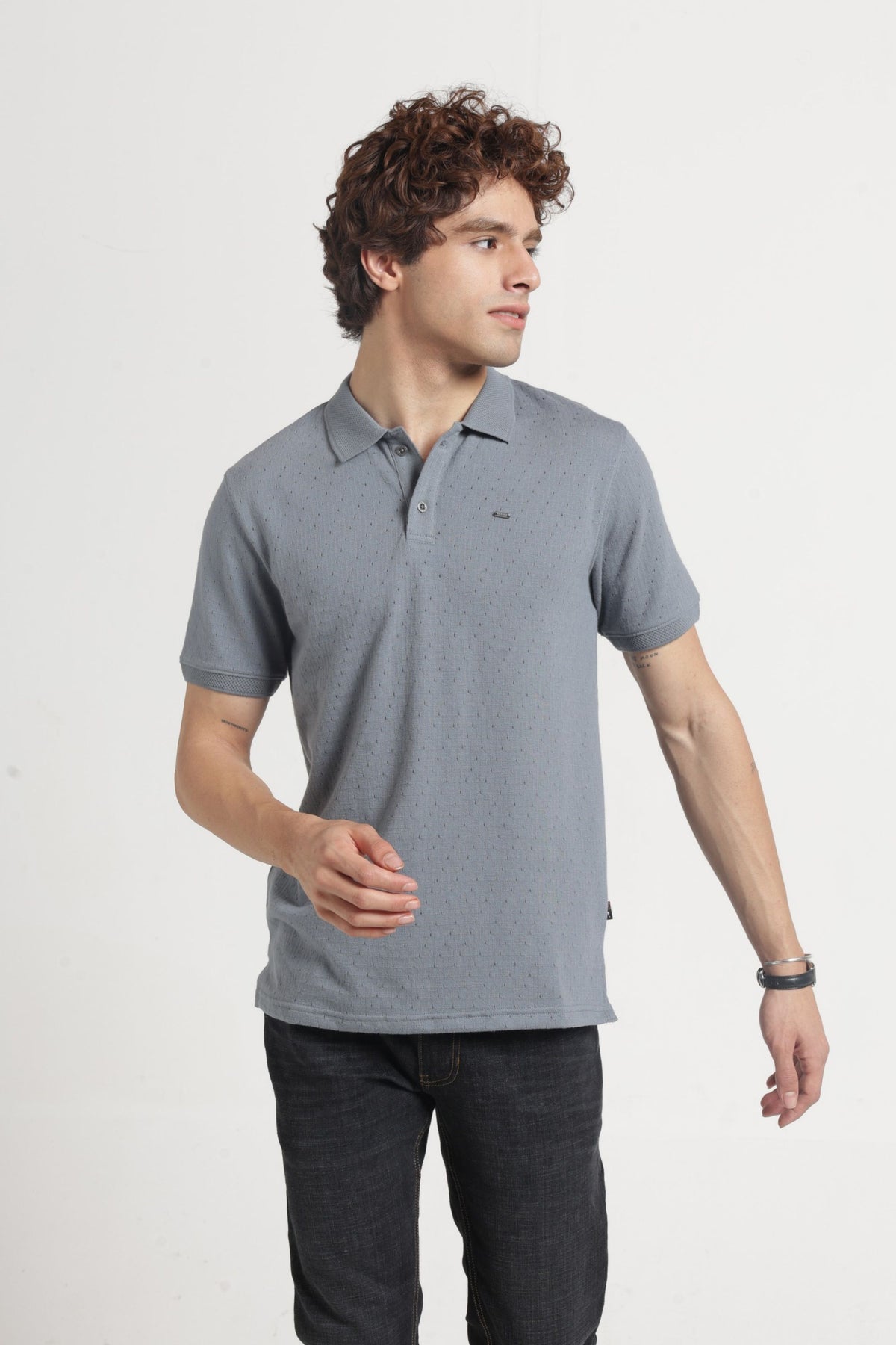 Polo Collar Jacquard T-Shirt In Grey
