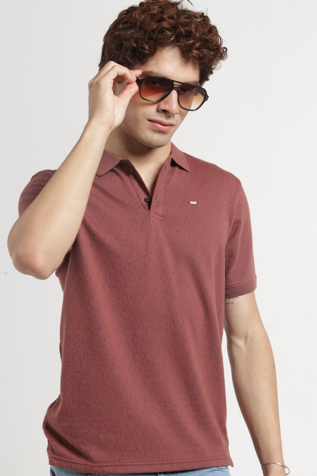 Polo Collar Jacquard T-Shirt In Rust