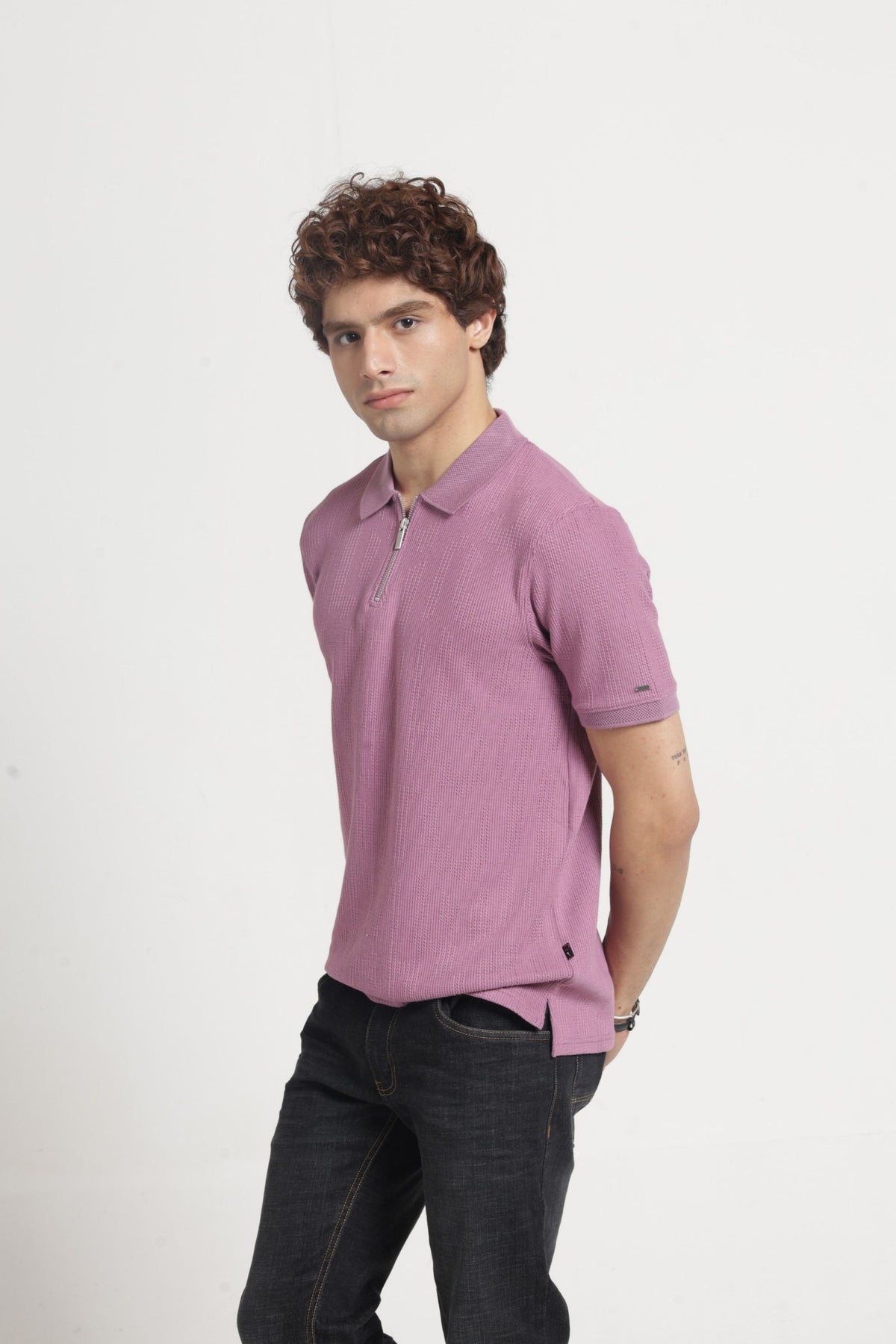 Polo Collar Jacquard Zipper T-Shirt In Onion