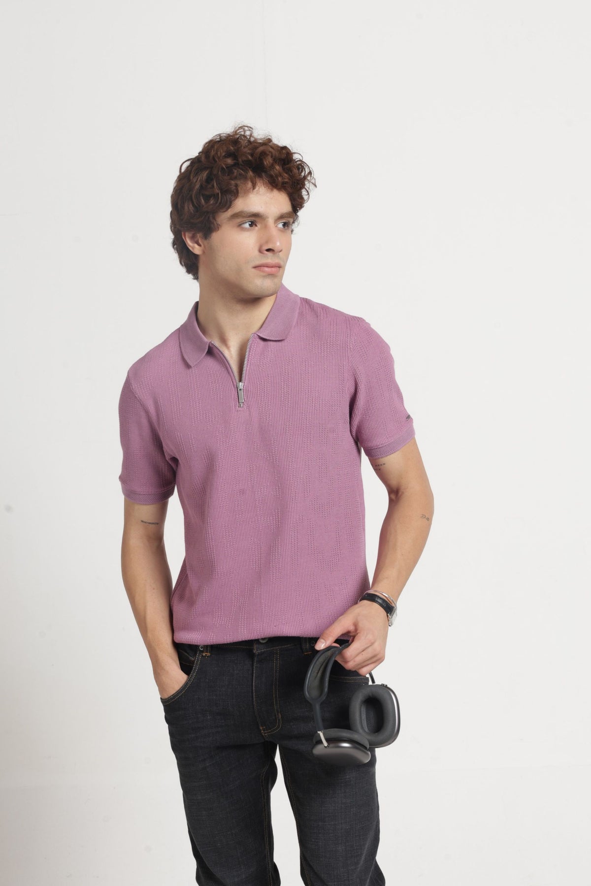 Polo Collar Jacquard Zipper T-Shirt In Onion