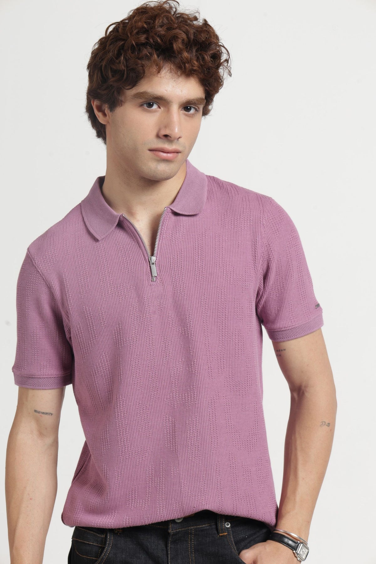 Polo Collar Jacquard Zipper T-Shirt In Onion