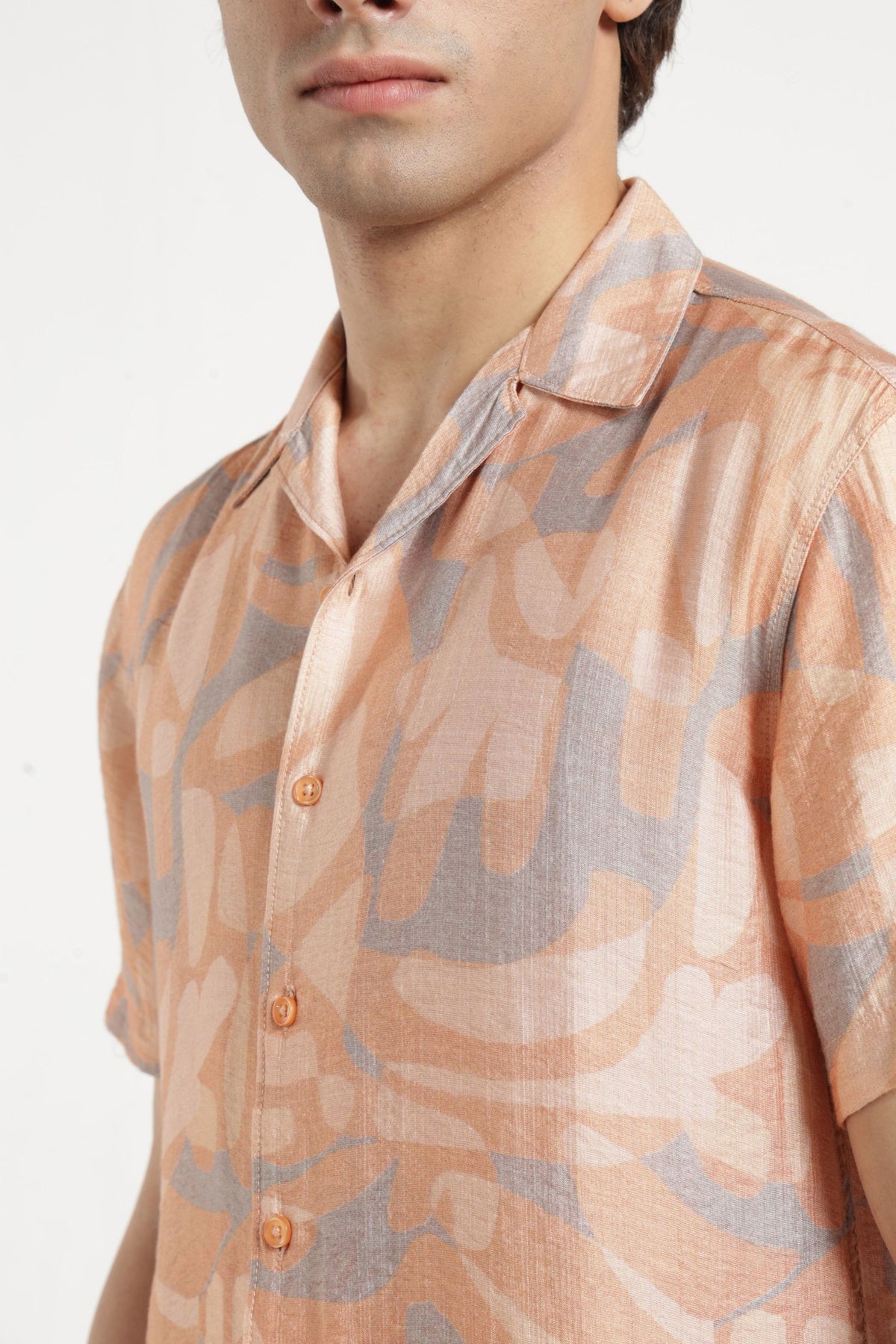 Abstract Print Cuban Collar Shirt In Peach