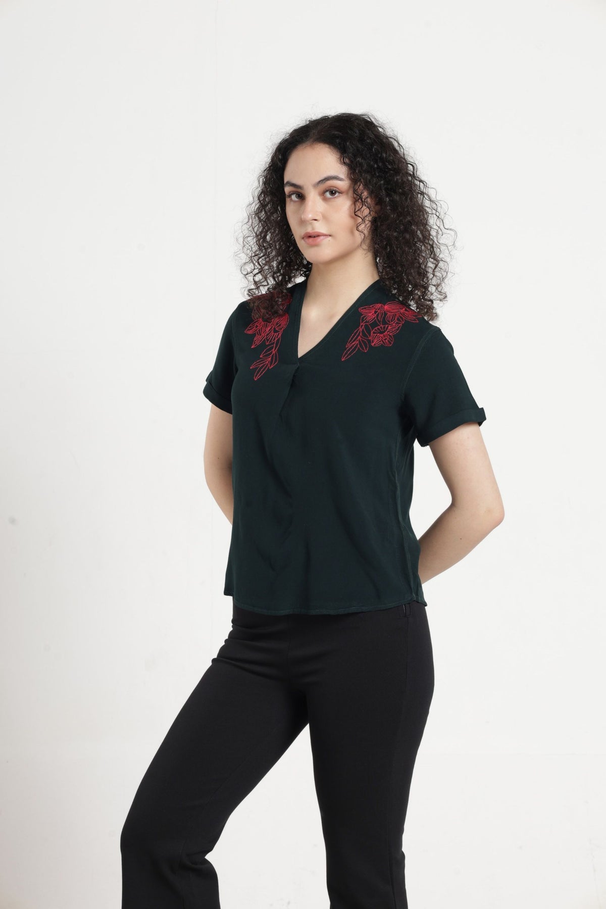 Women Solid Embroidered Indo-Western Tunic - Green