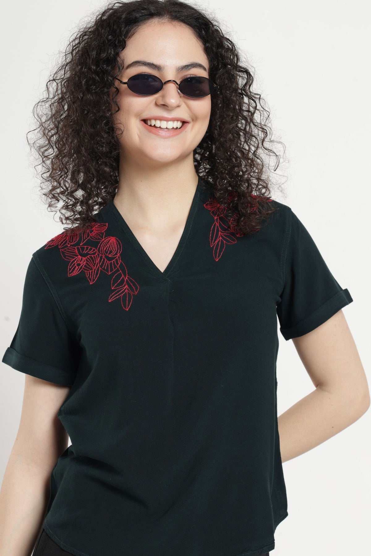 Women Solid Embroidered Indo-Western Tunic - Green