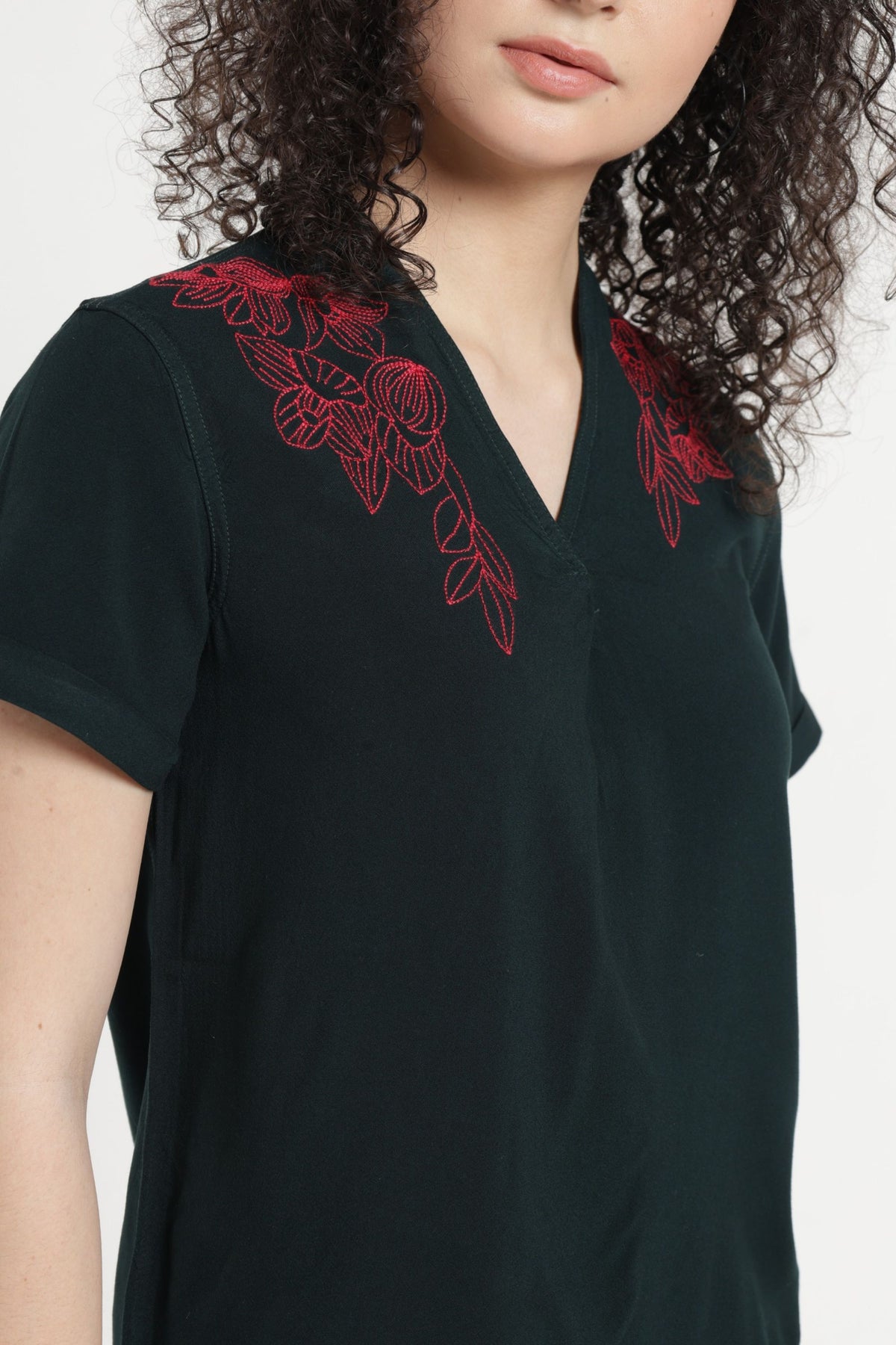 Women Solid Embroidered Indo-Western Tunic - Green