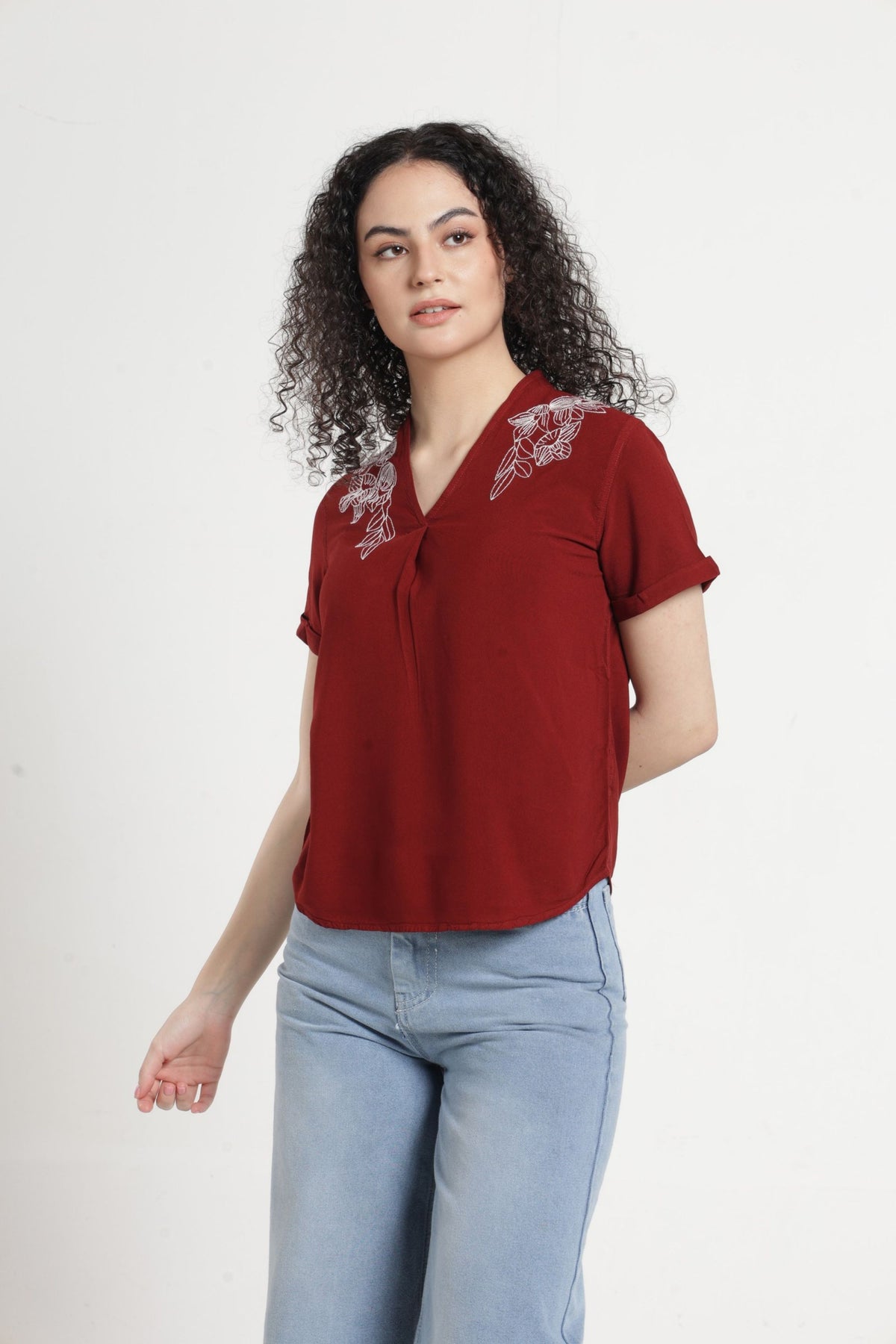 Women Solid Embroidered Indo-Western Tunic - Rust