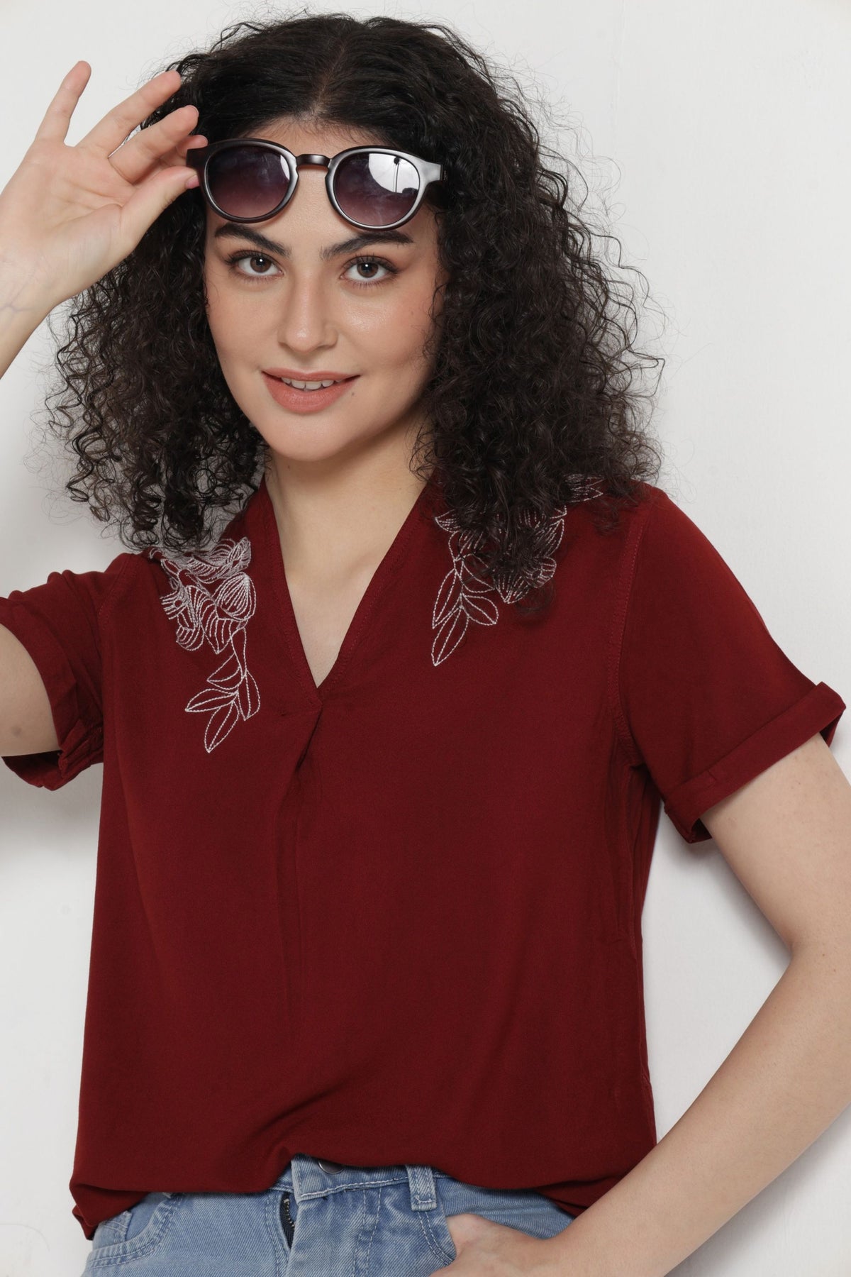 Women Solid Embroidered Indo-Western Tunic - Rust