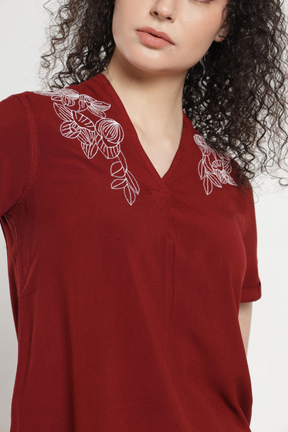 Women Solid Embroidered Indo-Western Tunic - Rust