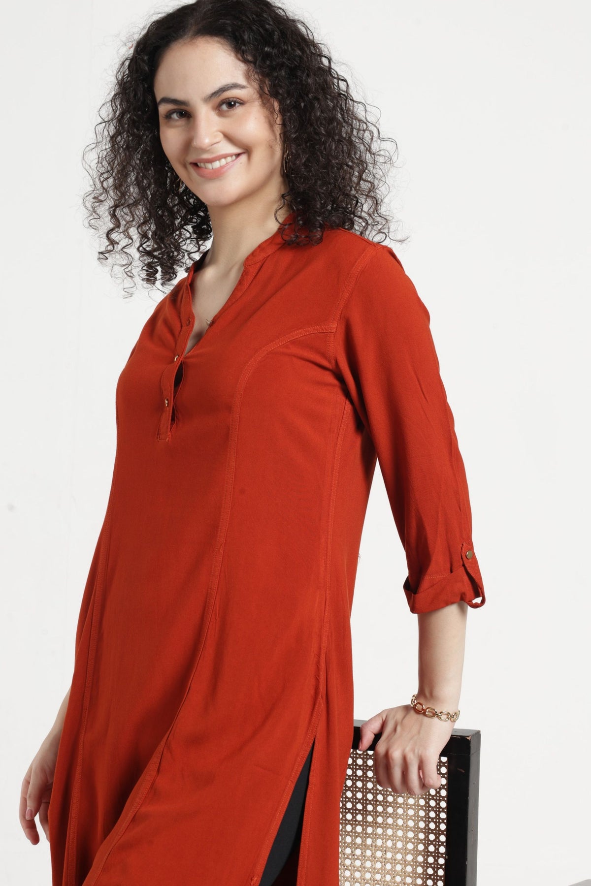 Women Solid Indo-Western Tunic - Mineral red