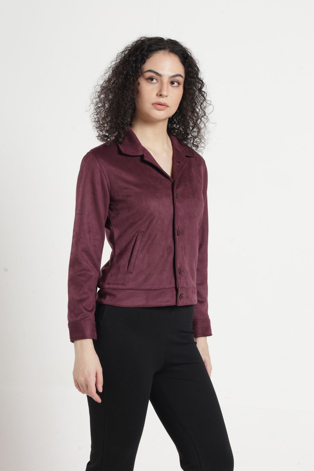 Women Solid Suede Full Sleeve Jacket - Wine