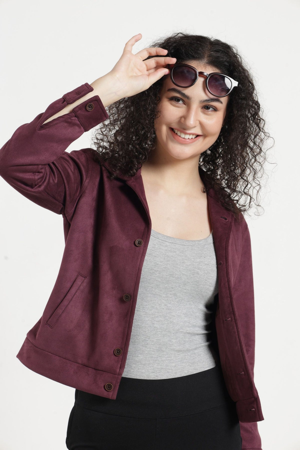 Women Solid Suede Full Sleeve Jacket - Wine