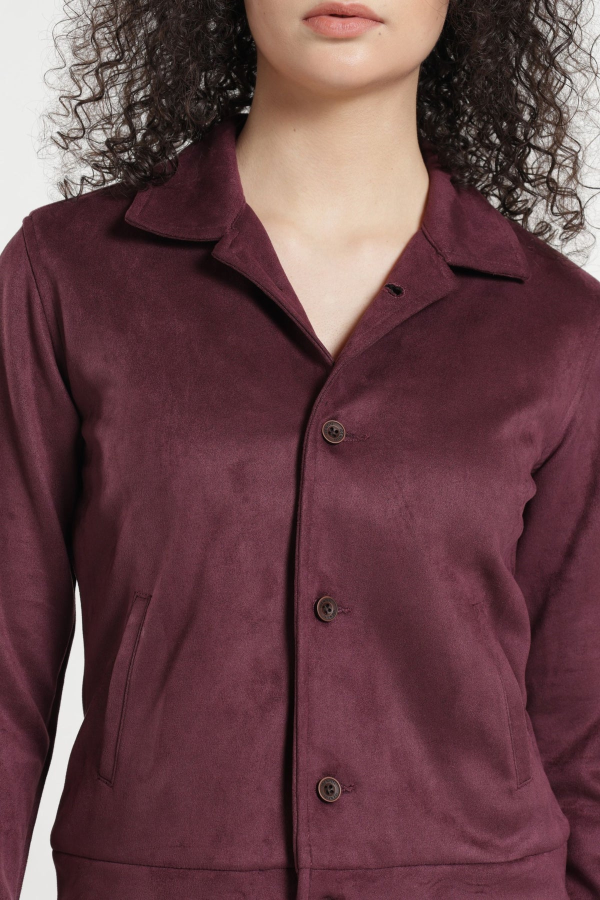 Women Solid Suede Full Sleeve Jacket - Wine