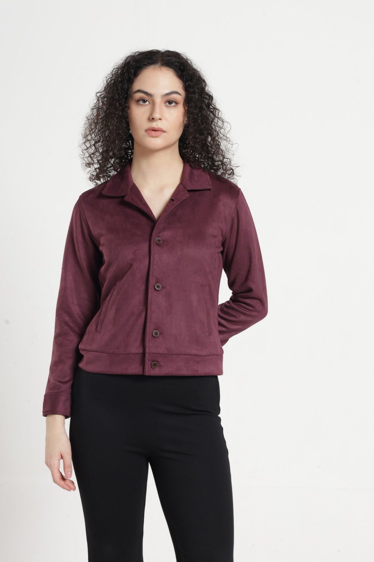 Women Solid Suede Full Sleeve Jacket - Wine