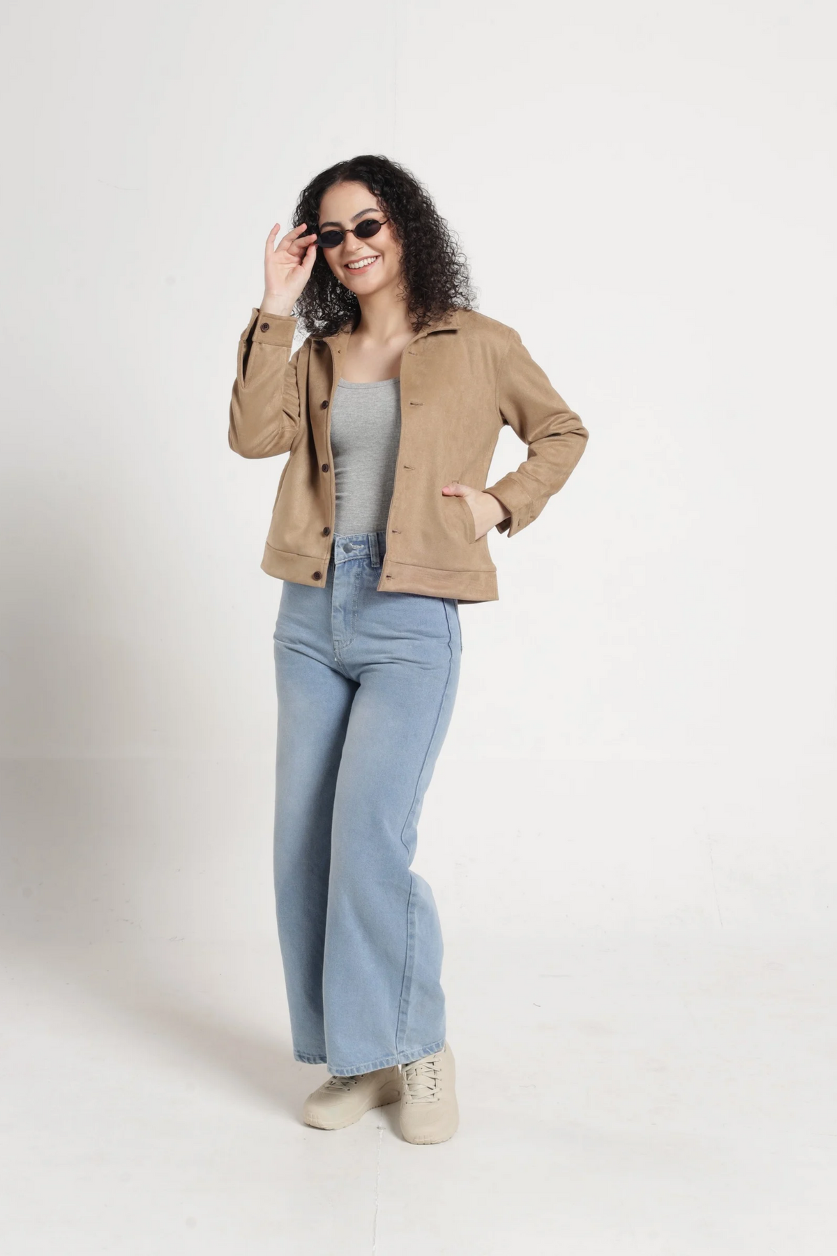 Women Solid Suede Full Sleeve Jacket - Khaki
