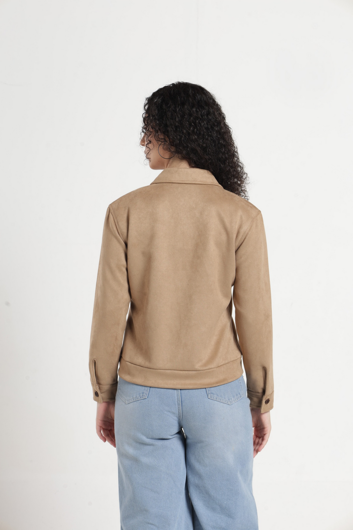 Women Solid Suede Full Sleeve Jacket - Khaki