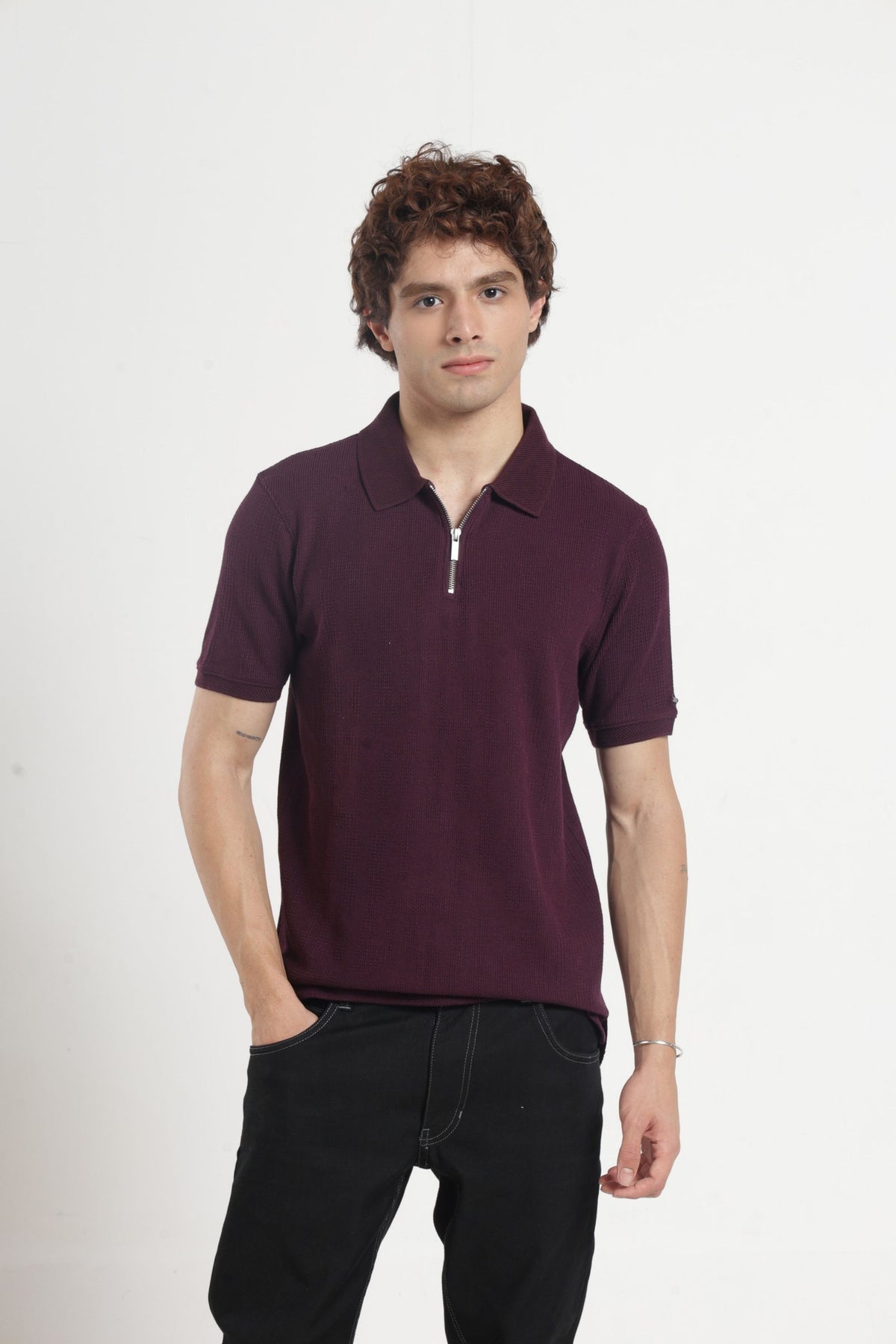 Polo Collar Jacquard Zipper T-Shirt In Wine
