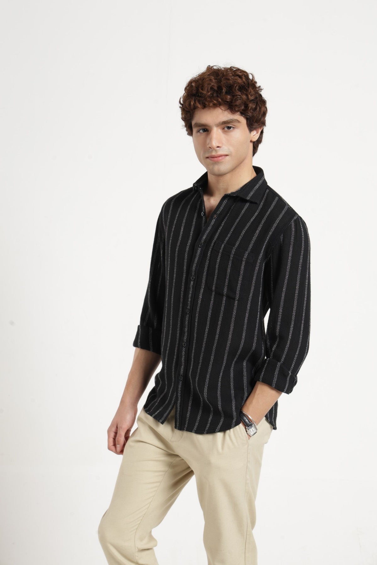 Spread Collar Self Dobby Stripe Shirt In Black